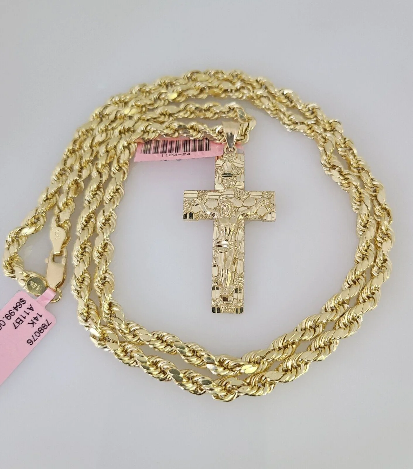 14k Gold Rope Chain Necklace Set 6mm Nugget Cross Charm Pendant 18"-28" inch - Image 2