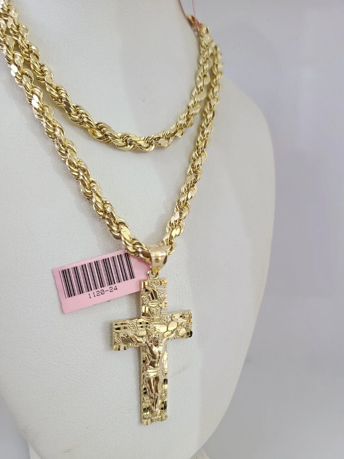 14k Gold Rope Chain Necklace Set 6mm Nugget Cross Charm Pendant 18"-28" inch - Image 4
