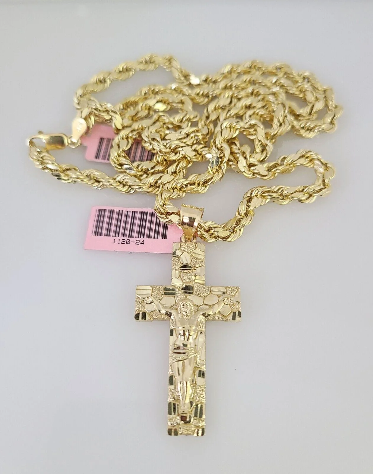 14k Gold Rope Chain Necklace Set 6mm Nugget Cross Charm Pendant 18"-28" inch - Image 5