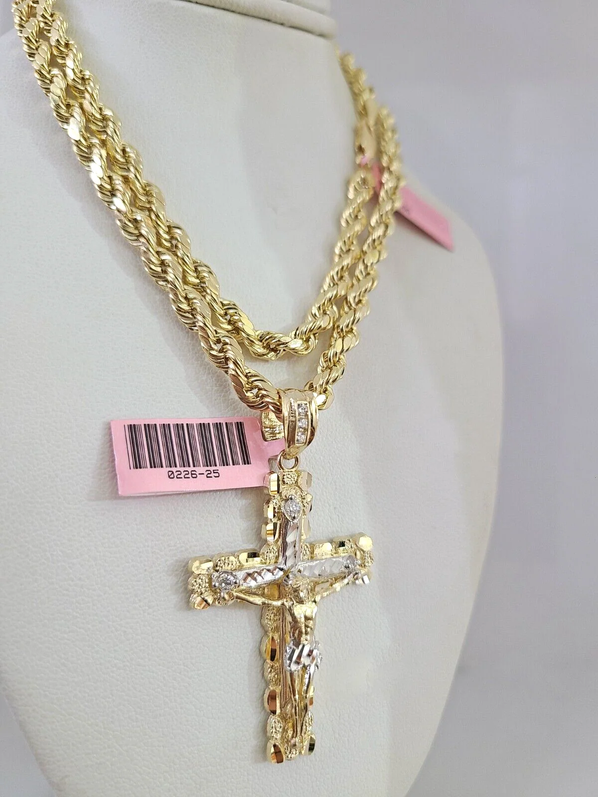 14k Gold Rope Chain Necklace Set 6mm Nugget Cross Charm Pendant 18"-28" inch - Image 3