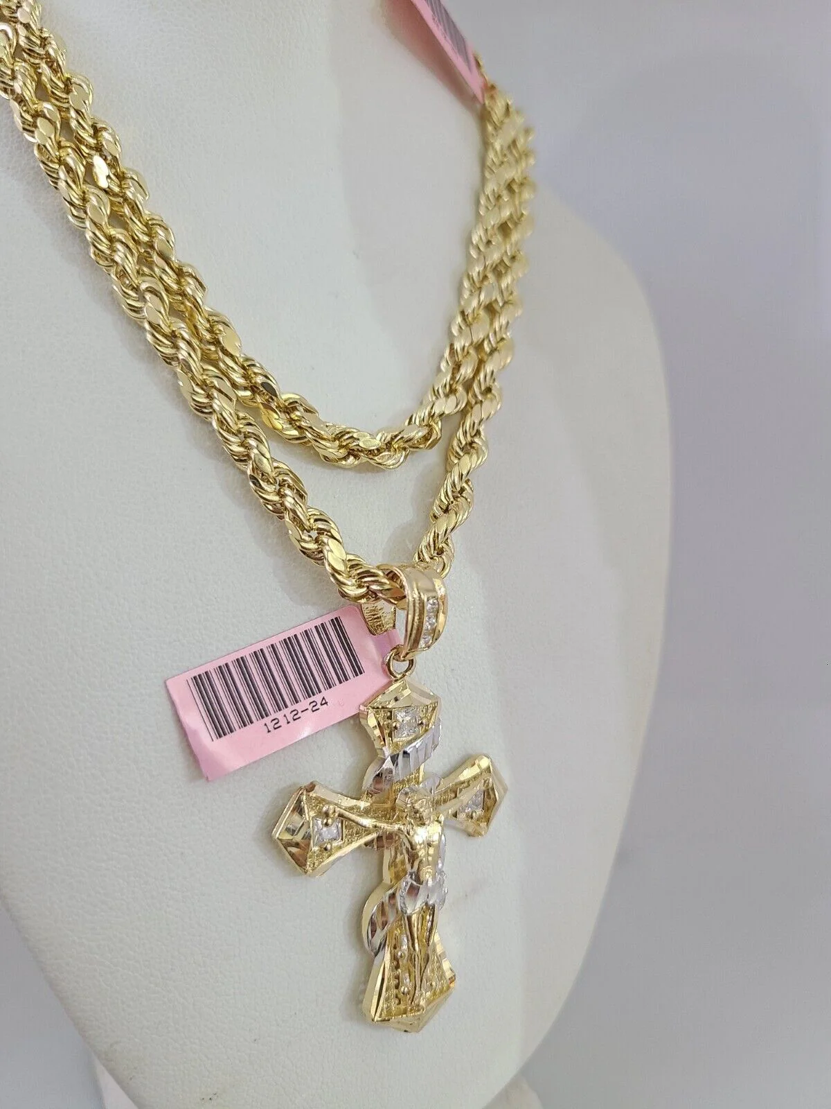14k Gold Rope Chain Necklace Set 6mm Spiral Cross Charm Pendant 18"-28" inch - Image 2