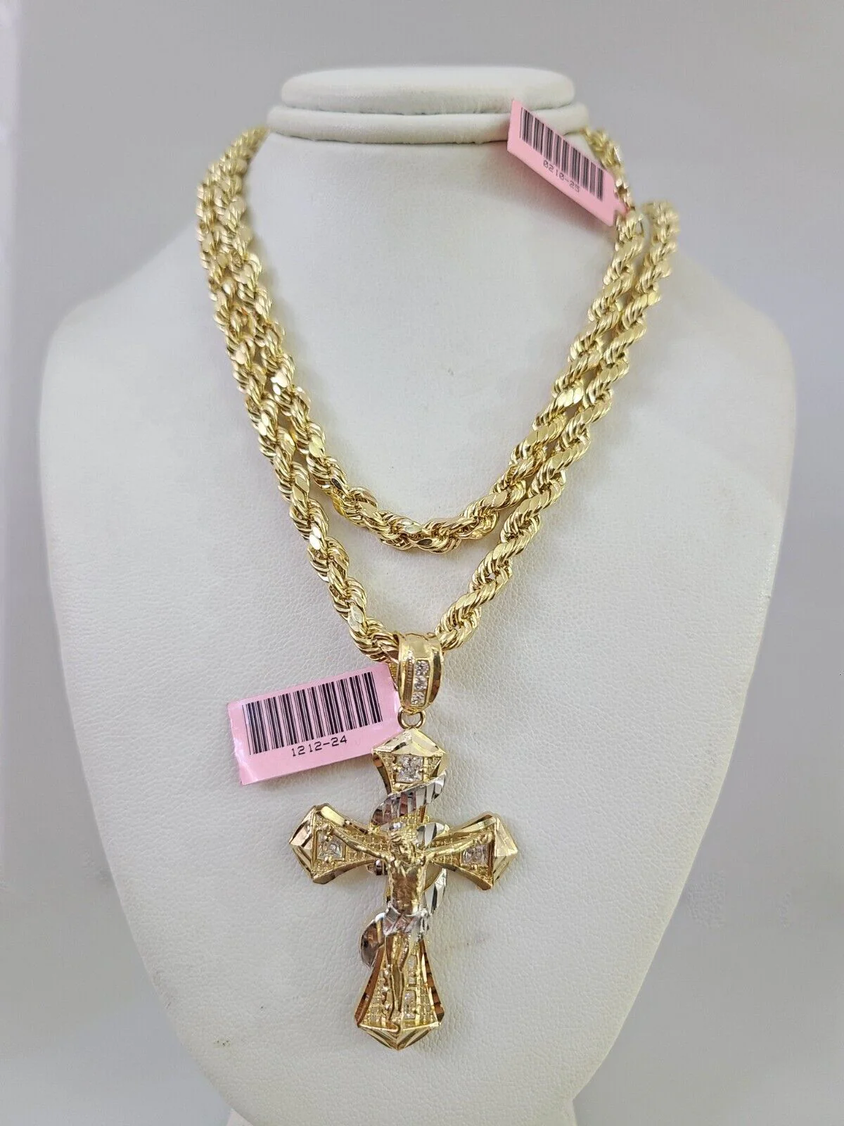 14k Gold Rope Chain Necklace Set 6mm Spiral Cross Charm Pendant 18"-28" inch - Image 7