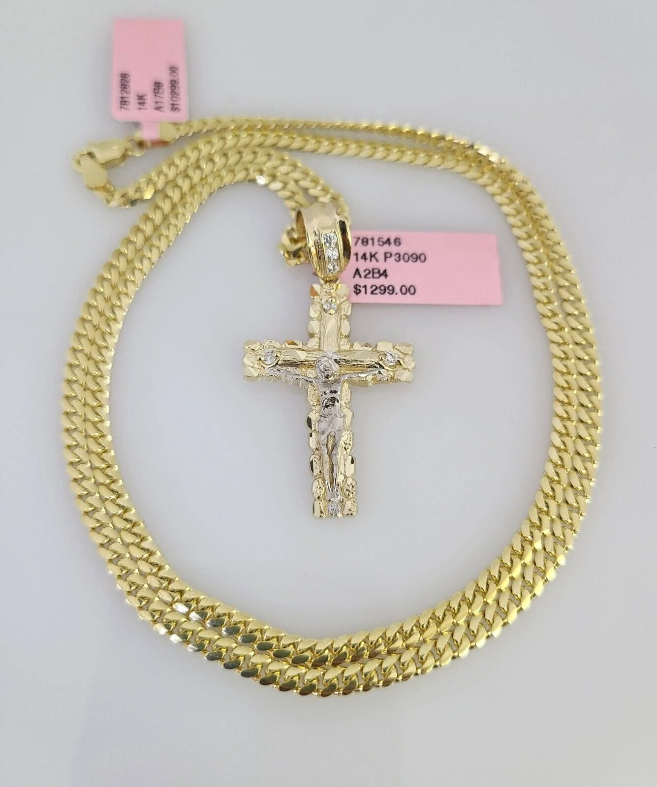 14k Gold Solid Chain 3mm Nugget Cross Pendant Set 14kt Miami Cuban Link Charm - Image 2