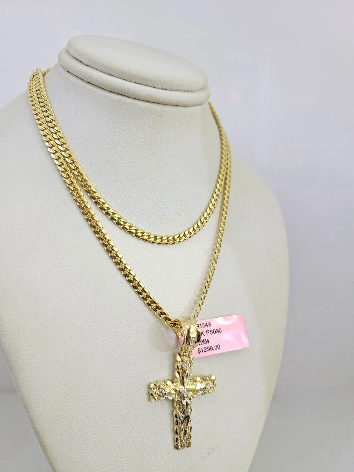 14k Gold Solid Chain 3mm Nugget Cross Pendant Set 14kt Miami Cuban Link Charm - Image 3
