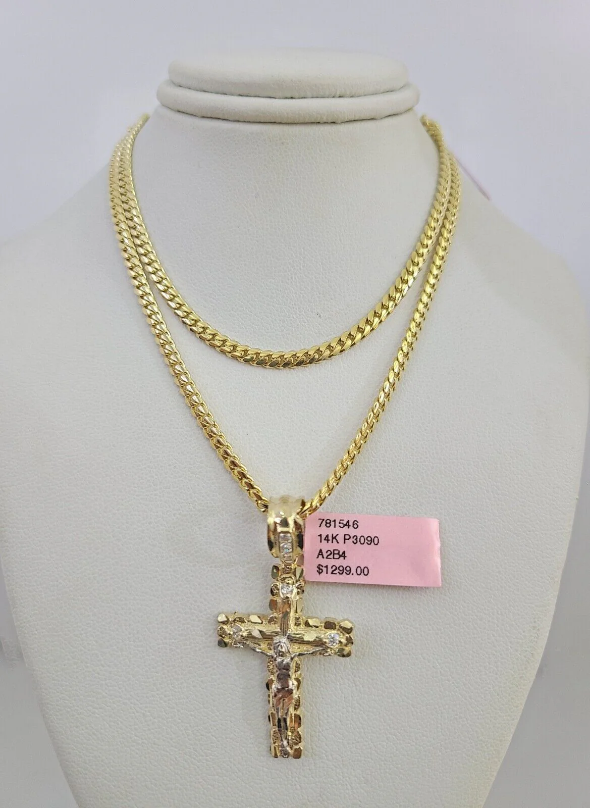 14k Gold Solid Chain 3mm Nugget Cross Pendant Set 14kt Miami Cuban Link Charm - Image 5