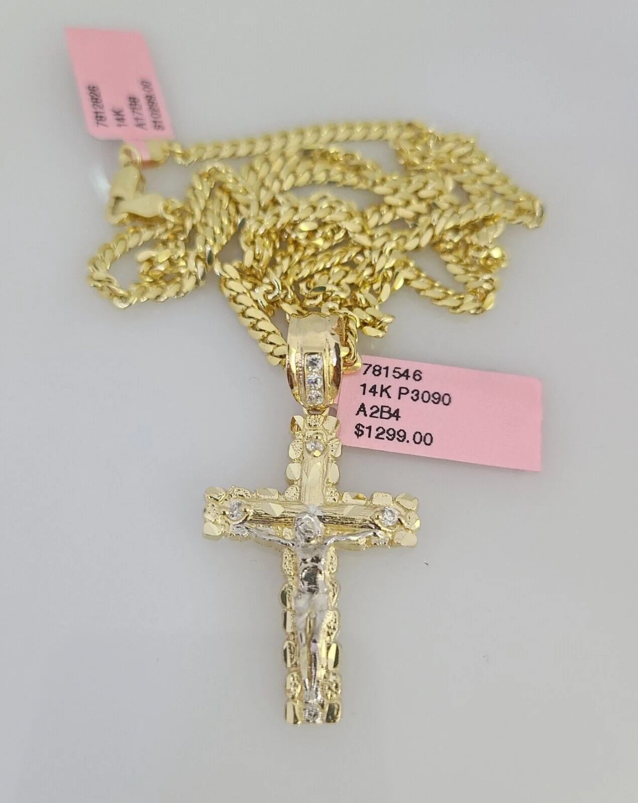 14k Gold Solid Chain 3mm Nugget Cross Pendant Set 14kt Miami Cuban Link Charm - Image 6
