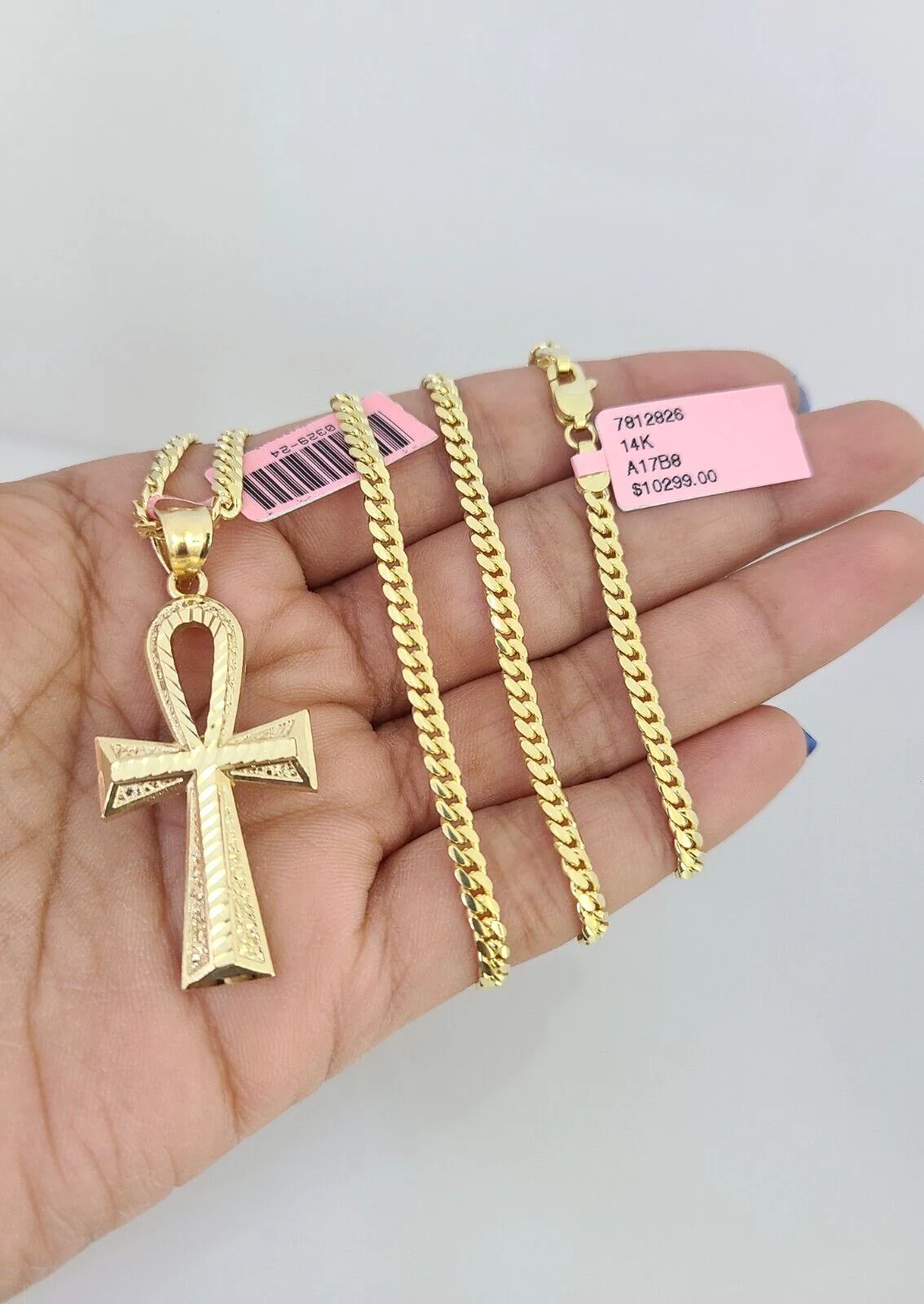 14k Gold Solid Chain Ankh Cross Pendant Set 14kt Miami Cuban Link 3mm Charm - Image 2