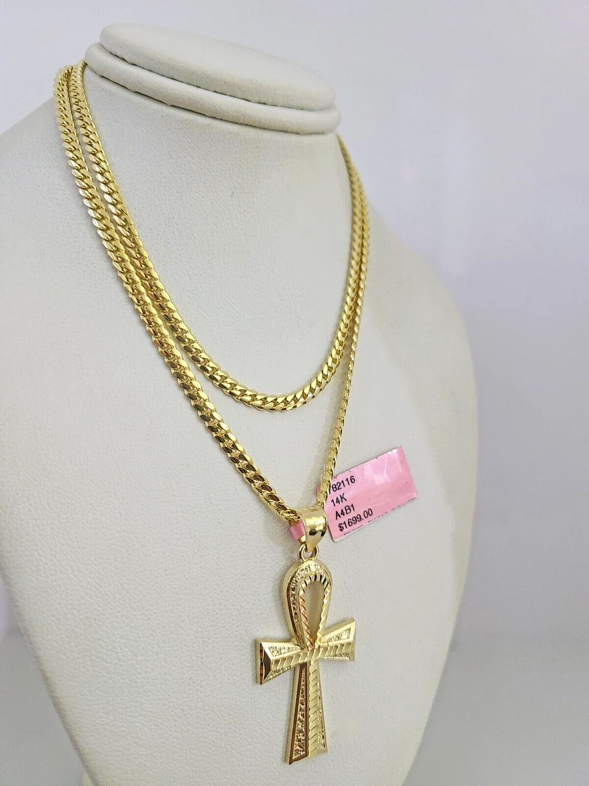 14k Gold Solid Chain Ankh Cross Pendant Set 14kt Miami Cuban Link 3mm Charm - Image 3