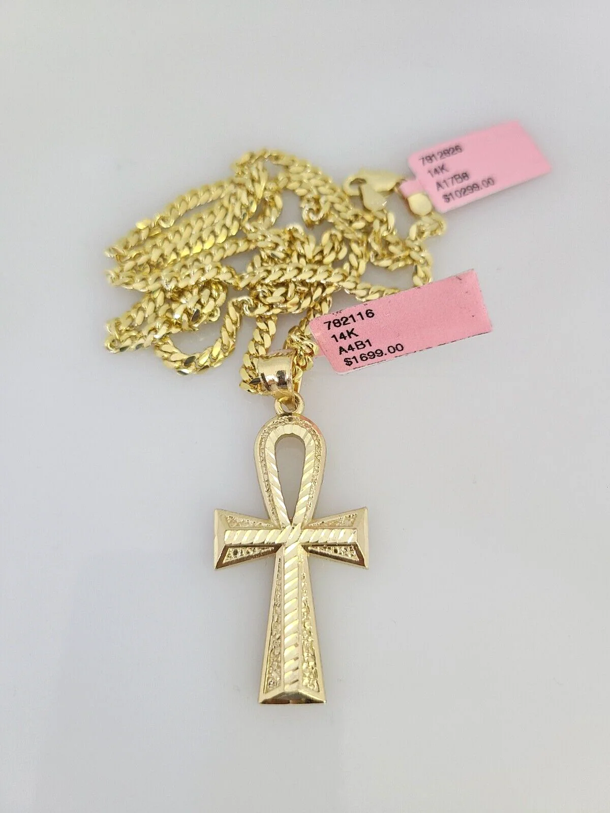 14k Gold Solid Chain Ankh Cross Pendant Set 14kt Miami Cuban Link 3mm Charm - Image 4