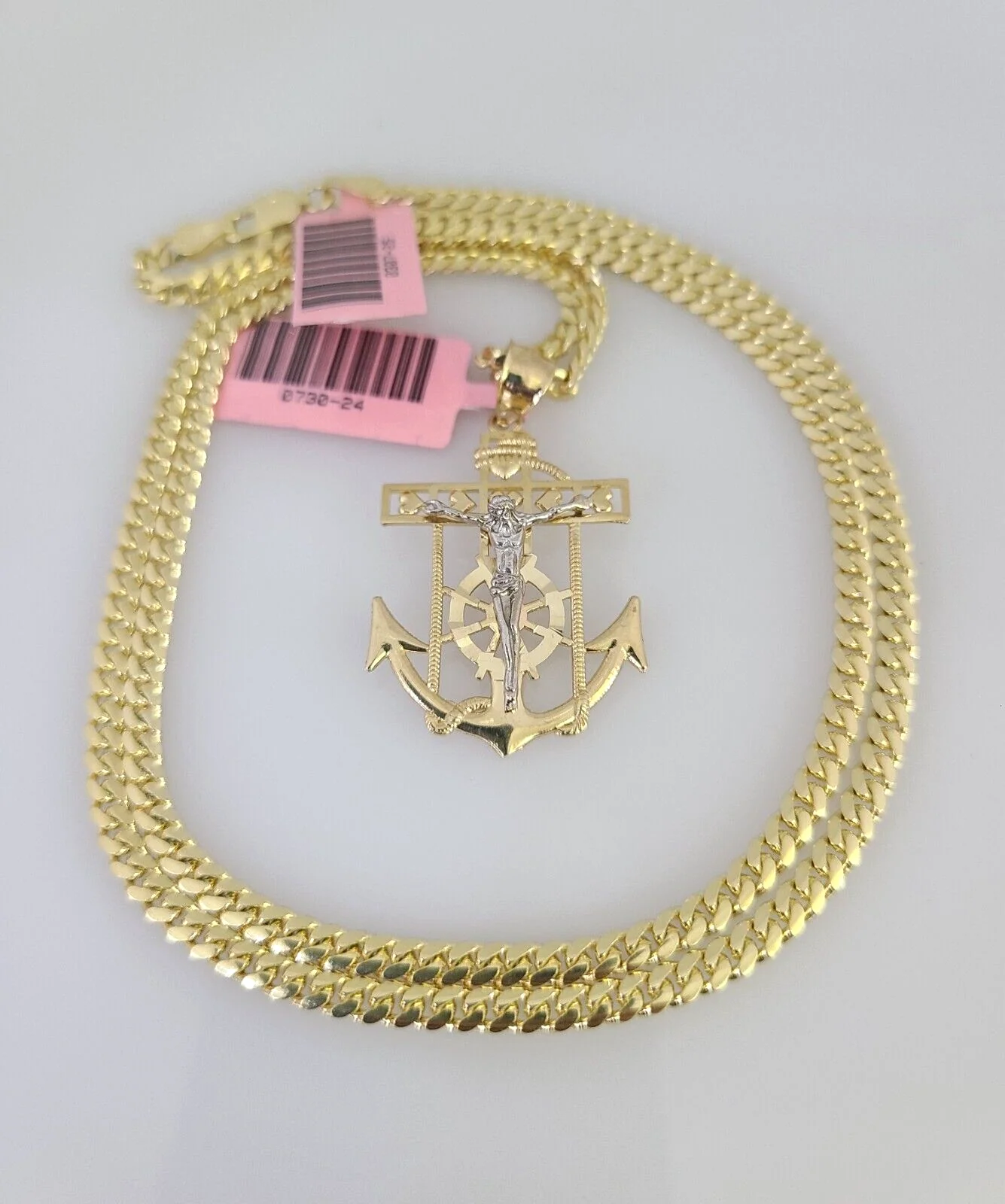 14k Gold Solid Chain Jesus Anchor Pendant Set 14kt Miami Cuban Link 3mm Charm - Image 2