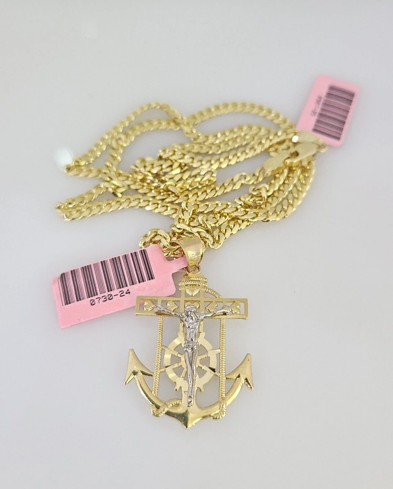 14k Gold Solid Chain Jesus Anchor Pendant Set 14kt Miami Cuban Link 3mm Charm - Image 3