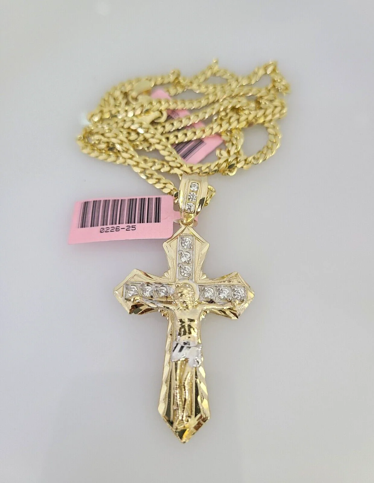 14k Gold Solid Chain Jesus Cross Pendant Set 14kt Miami Cuban Link 3mm Charm - Image 3