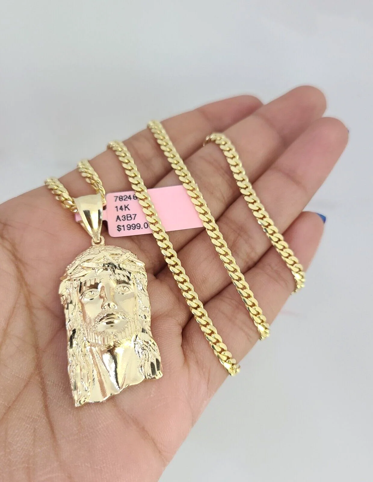 14k Gold Solid Chain Jesus Head Pendant Set 14kt Miami Cuban Link 3mm Charm - Image 2