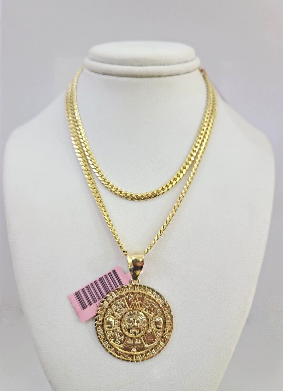 14k Gold Solid Chain Mayan Calendar Pendant Set 14kt Miami Cuban Link 3mm Charm - Image 2