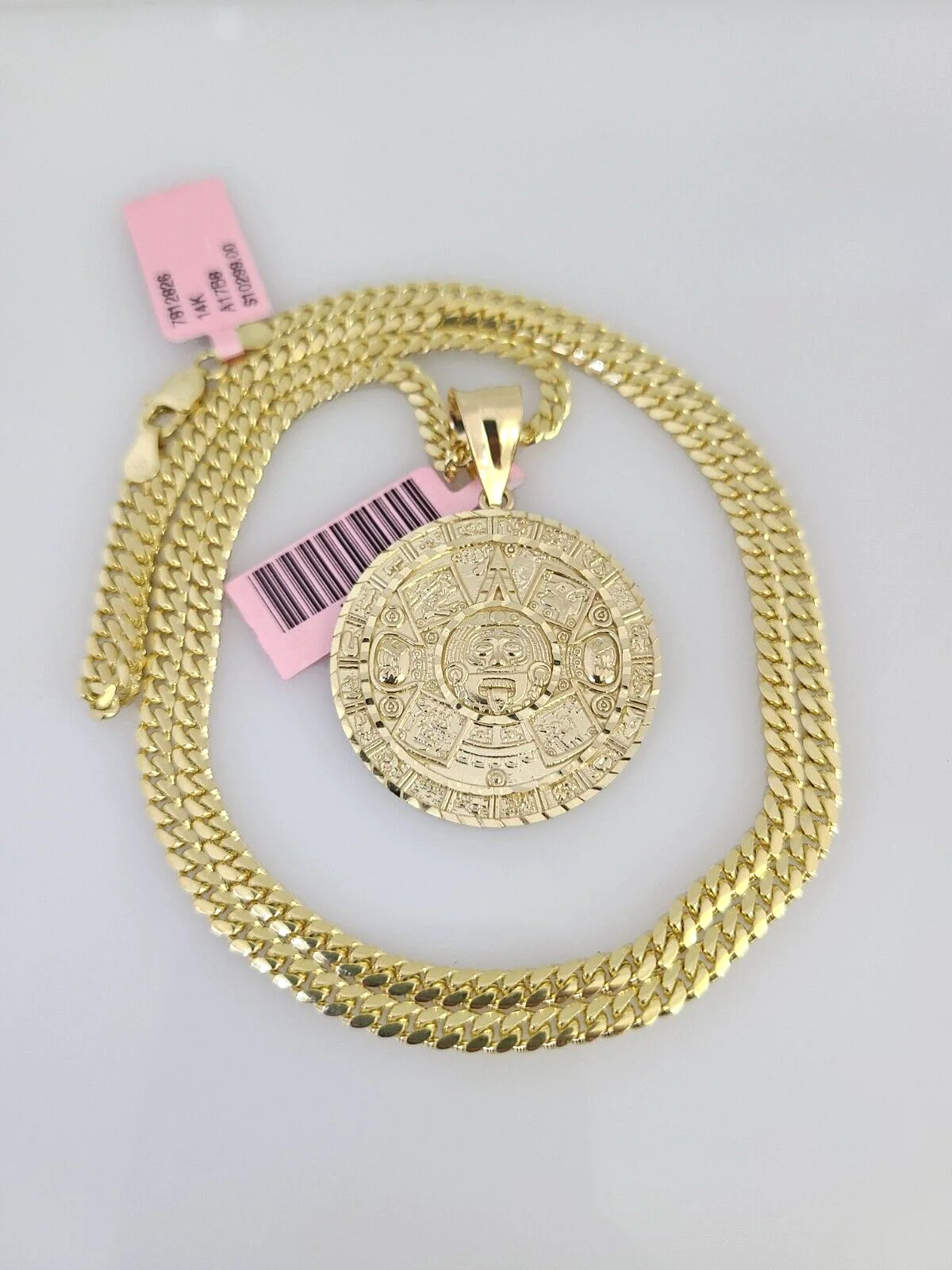 14k Gold Solid Chain Mayan Calendar Pendant Set 14kt Miami Cuban Link 3mm Charm - Image 3