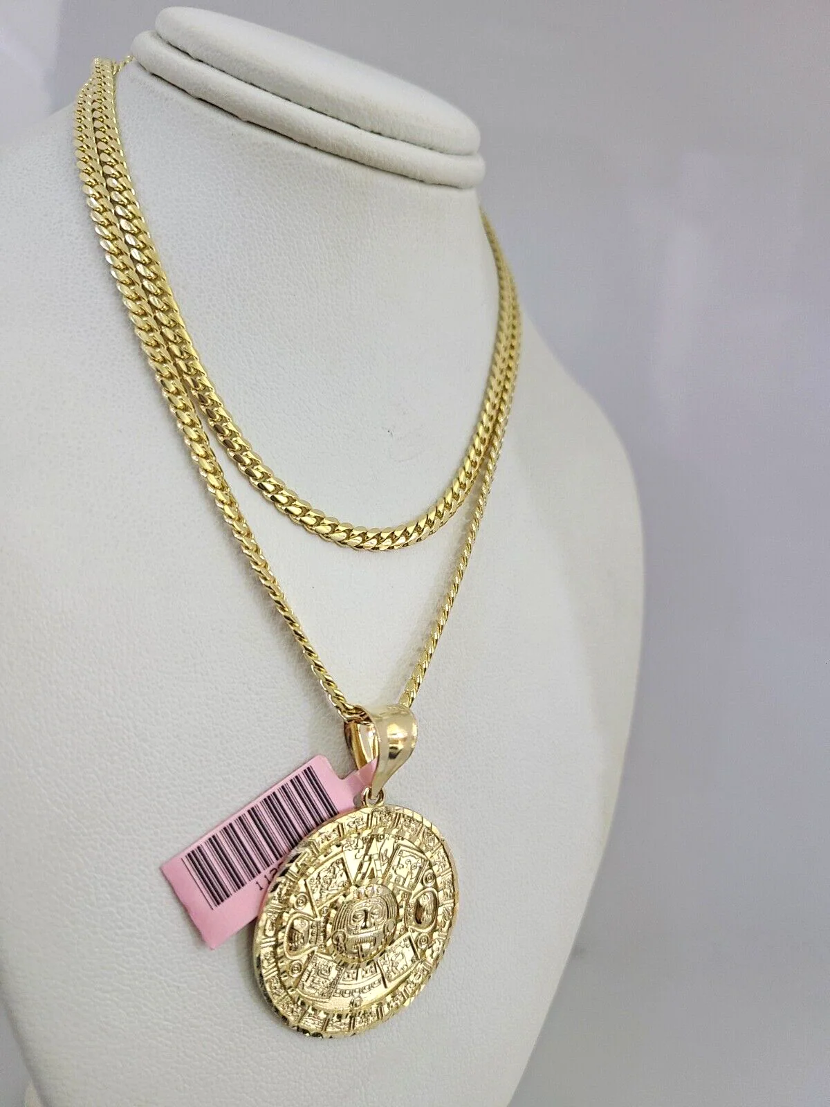14k Gold Solid Chain Mayan Calendar Pendant Set 14kt Miami Cuban Link 3mm Charm - Image 5