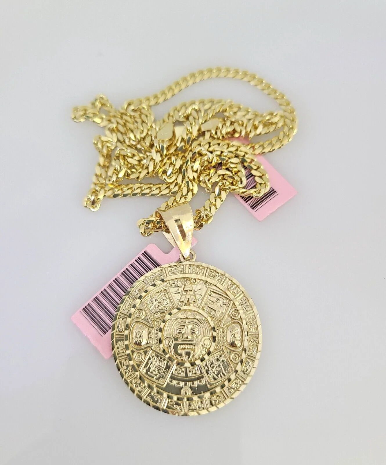 14k Gold Solid Chain Mayan Calendar Pendant Set 14kt Miami Cuban Link 3mm Charm - Image 6