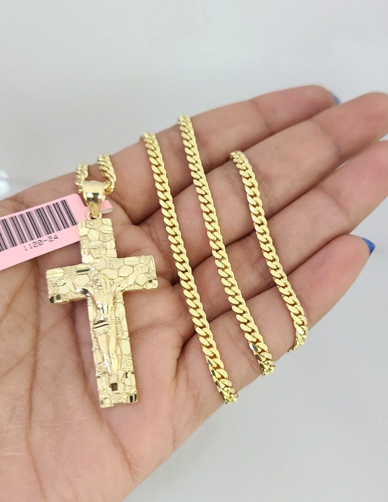14k Gold Solid Chain Nugget Cross Pendant Set 14kt Miami Cuban Link 3mm Charm - Image 2