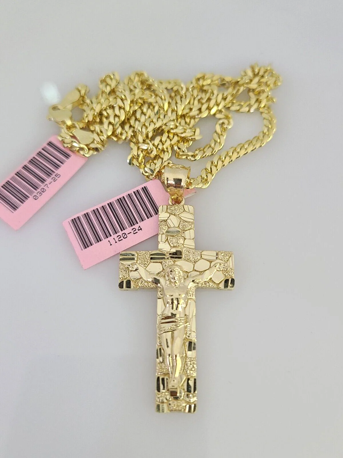 14k Gold Solid Chain Nugget Cross Pendant Set 14kt Miami Cuban Link 3mm Charm - Image 3