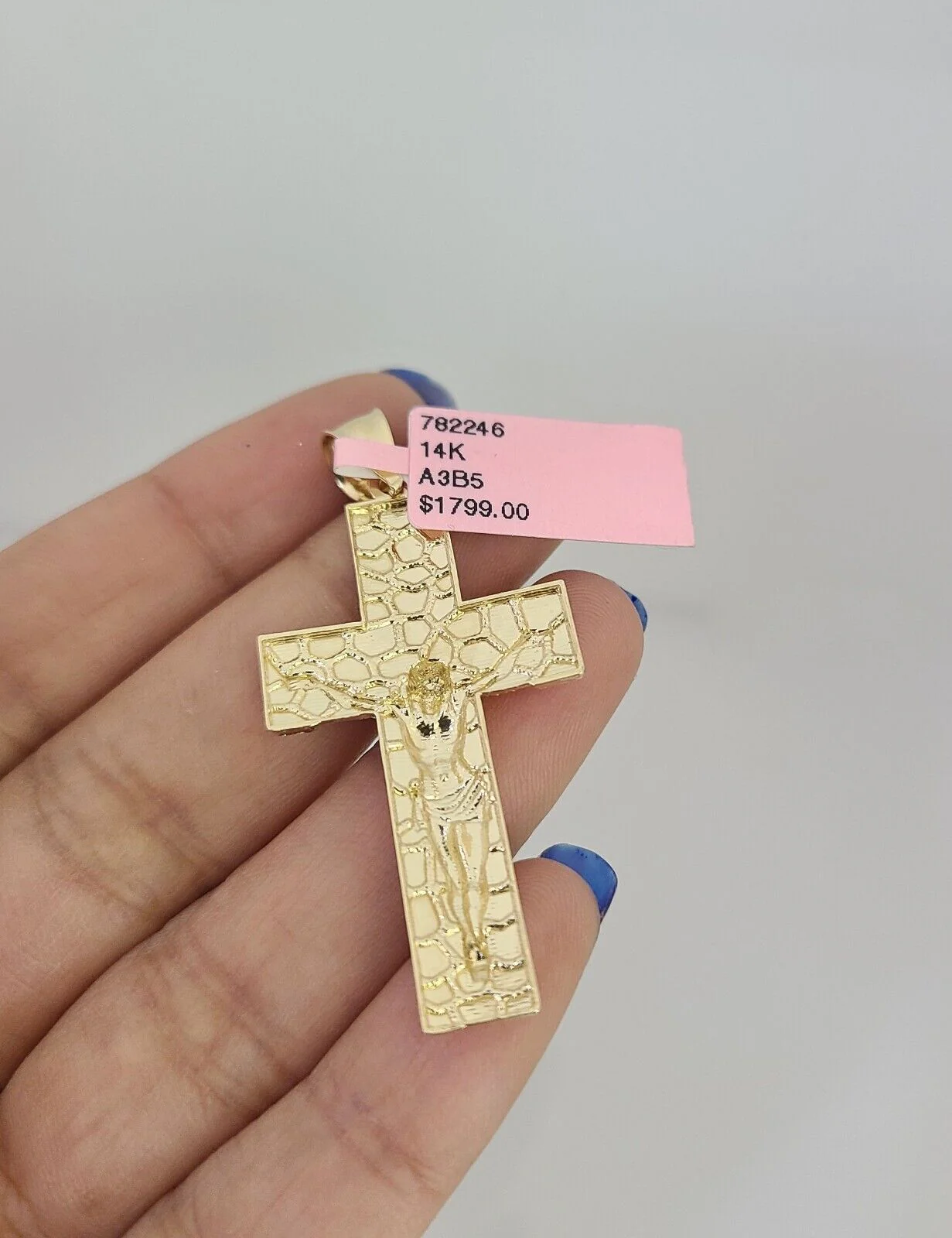 14k Gold Solid Chain Nugget Cross Pendant Set 14kt Miami Cuban Link 3mm Charm - Image 5