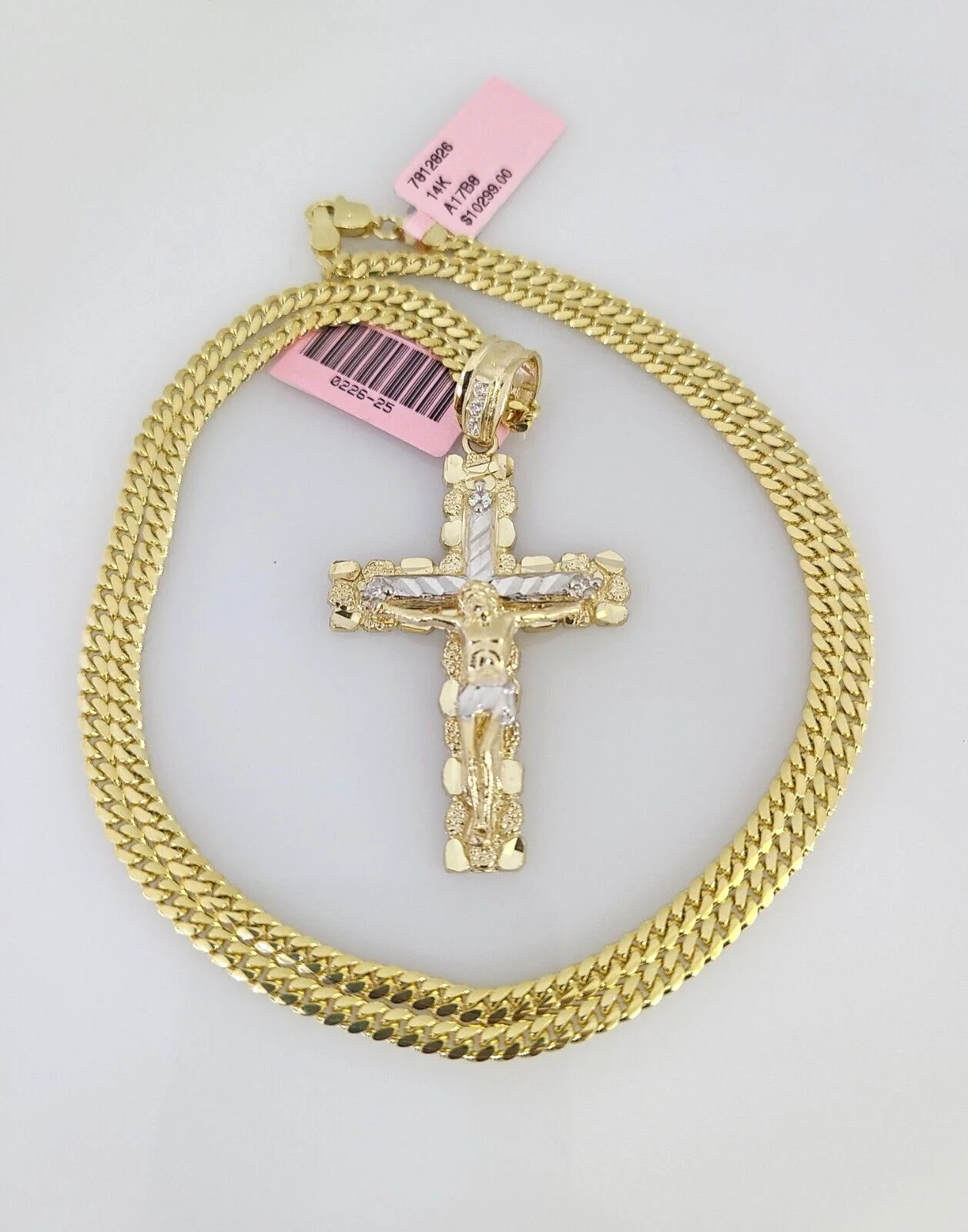 14k Gold Solid Chain Nugget Cross Pendant Set 14kt Miami Cuban Link 3mm Charm - Image 2