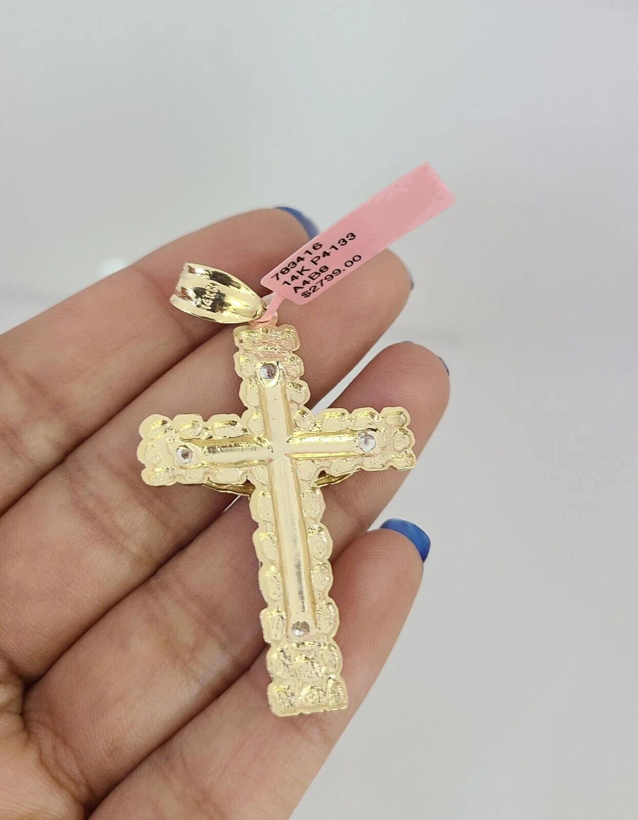 14k Gold Solid Chain Nugget Cross Pendant Set 14kt Miami Cuban Link 3mm Charm - Image 5