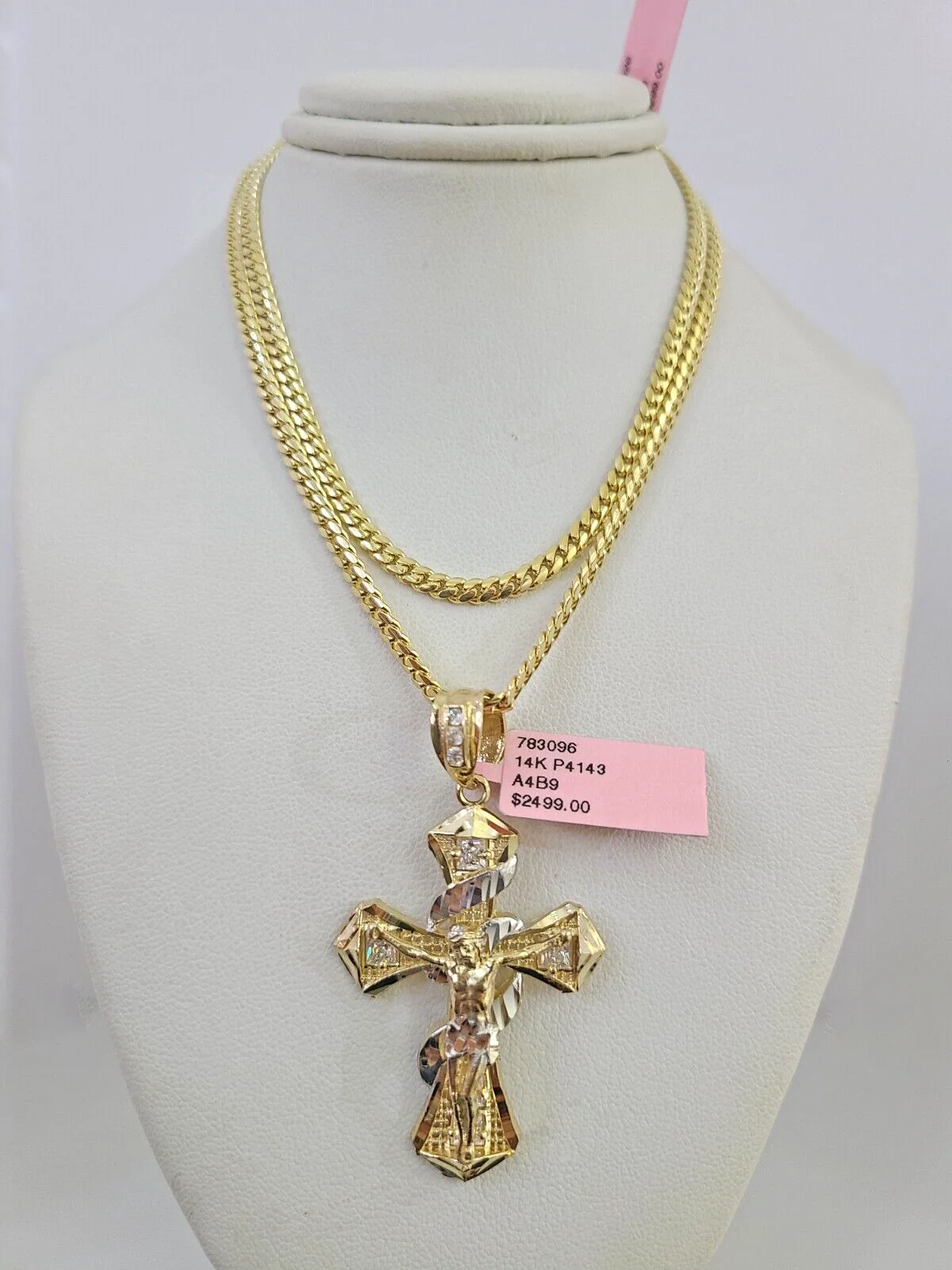 14k Gold Solid Chain Spiral Cross Pendant Set 14kt Miami Cuban Link 3mm Charm - Image 2