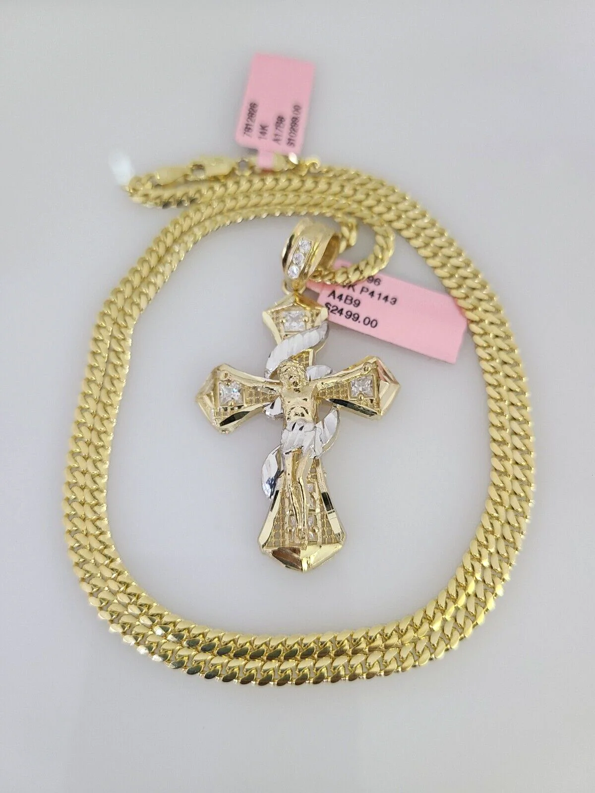 14k Gold Solid Chain Spiral Cross Pendant Set 14kt Miami Cuban Link 3mm Charm - Image 3