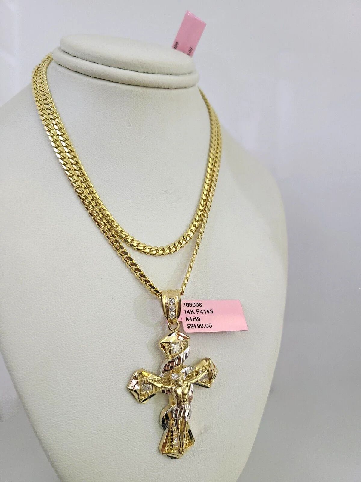 14k Gold Solid Chain Spiral Cross Pendant Set 14kt Miami Cuban Link 3mm Charm - Image 5