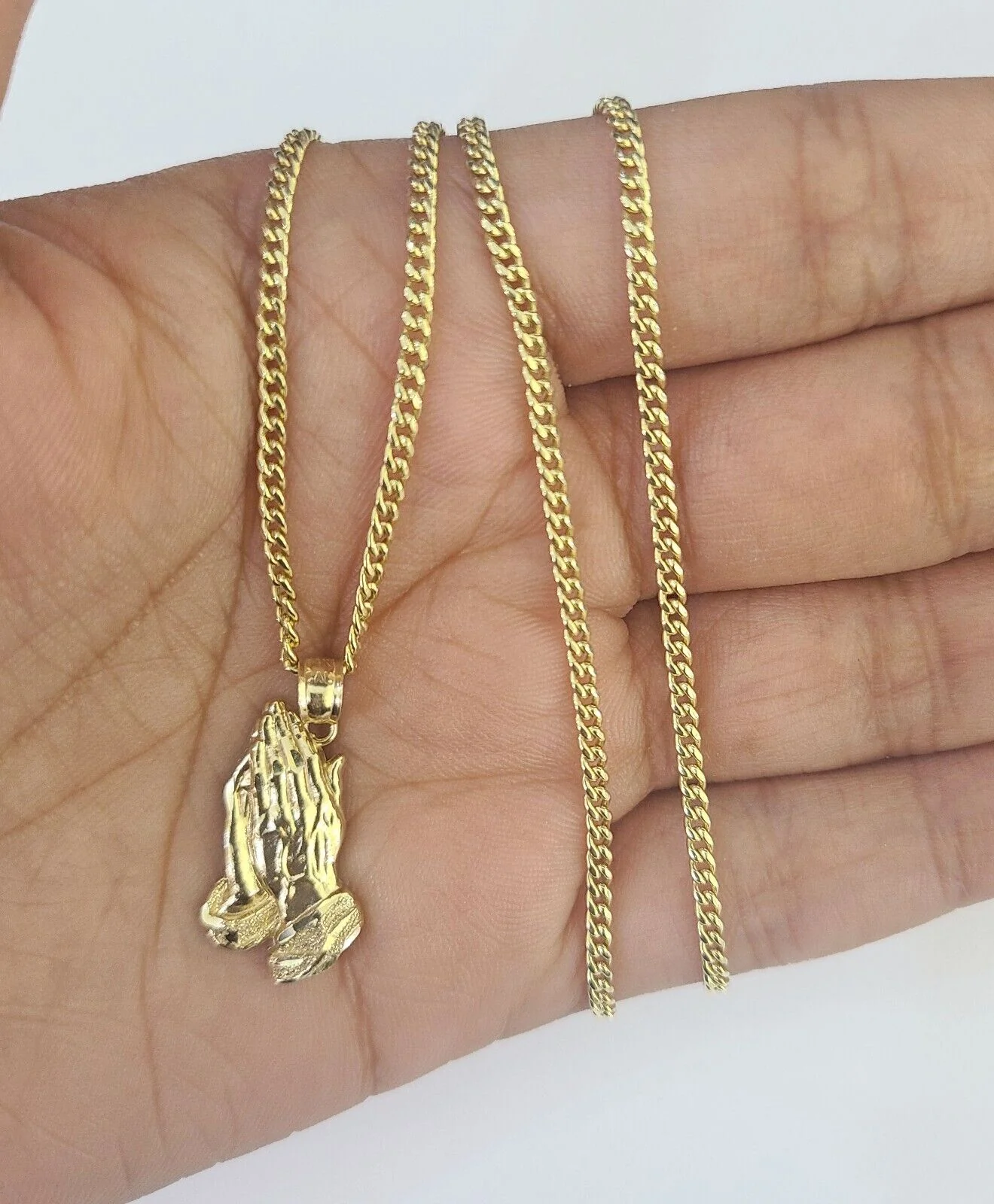 14k Miami Cuban Chain Praying Hands Charm Pendant 2mm 18"-24inch SET Necklace - Image 3