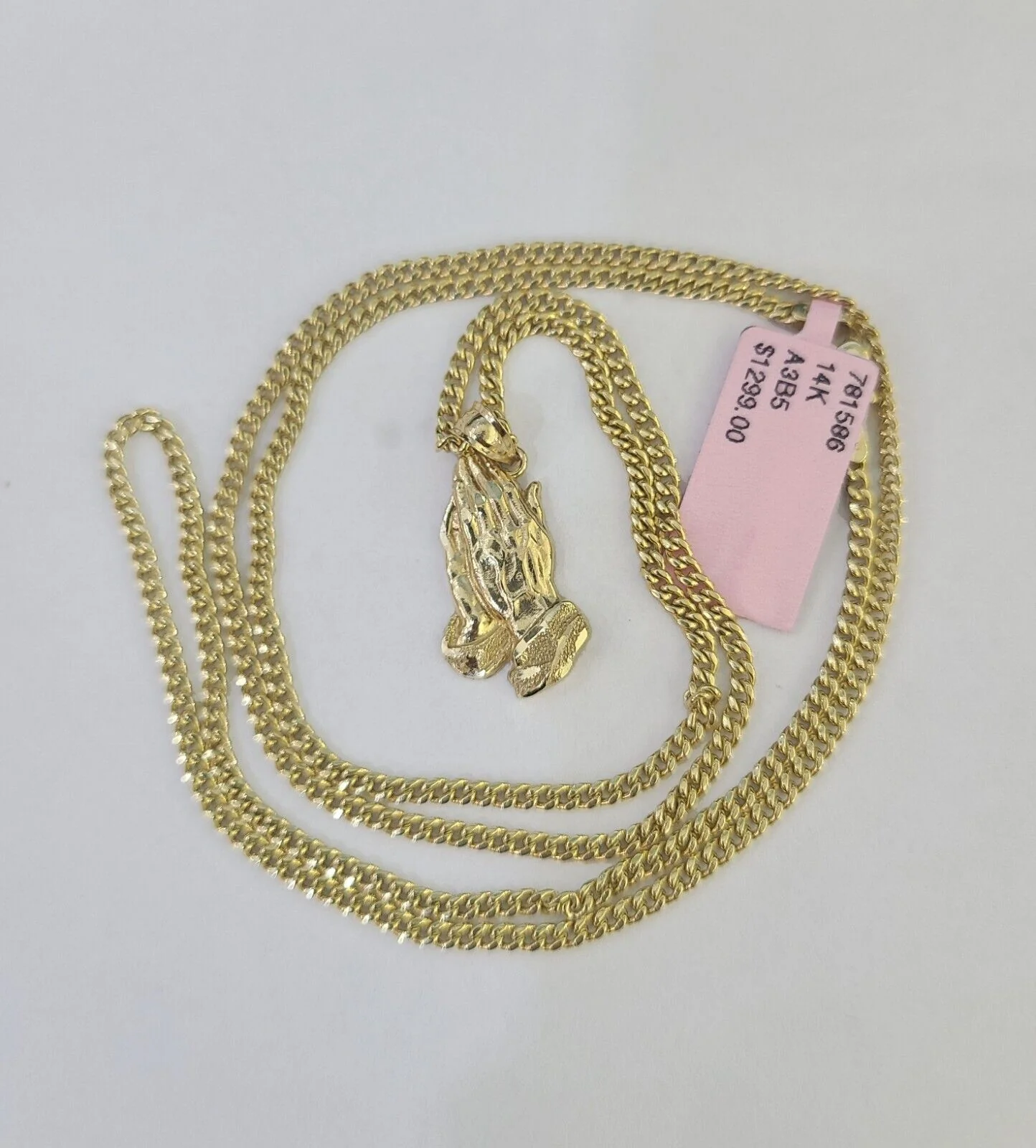 14k Miami Cuban Chain Praying Hands Charm Pendant 2mm 18"-24inch SET Necklace - Image 4