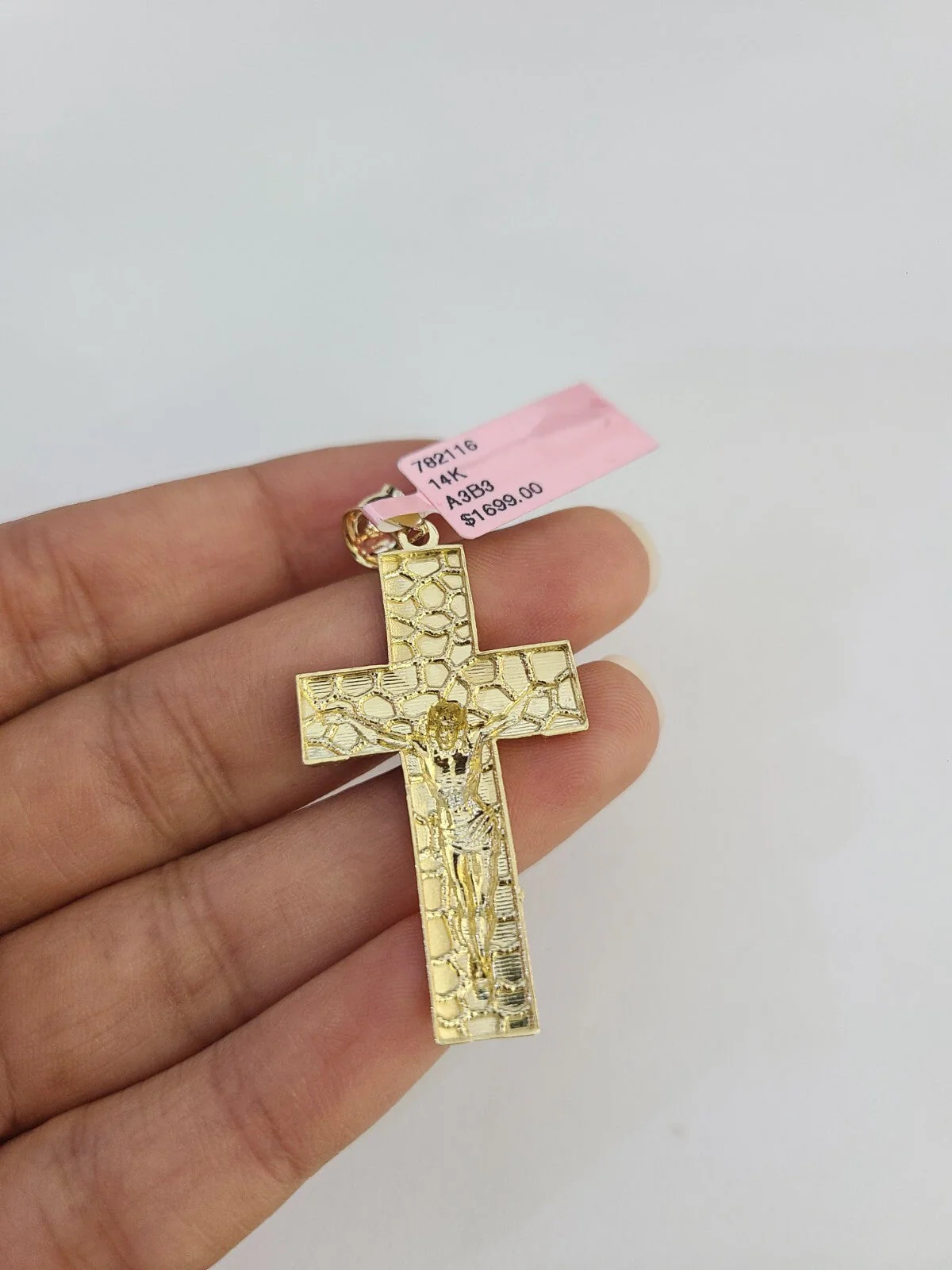 14k Nugget Jesus Cross Charm Pendant REAL Expanded Loop - Image 3