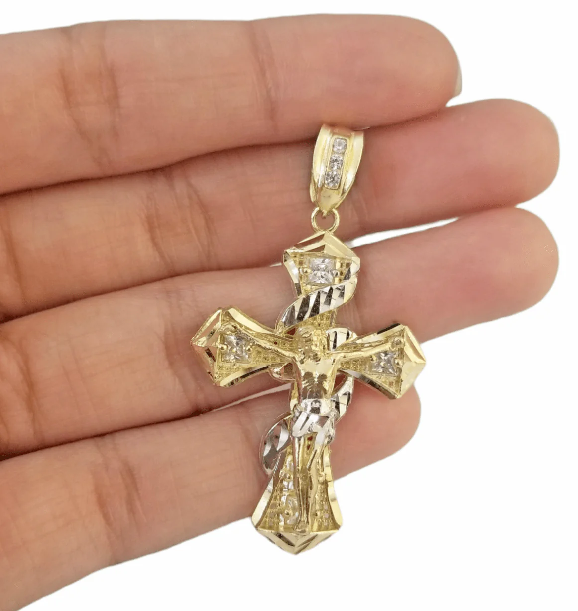 14K Real Yellow Gold Jesus Cross Diamond Cut Pendant Religious - Image 2