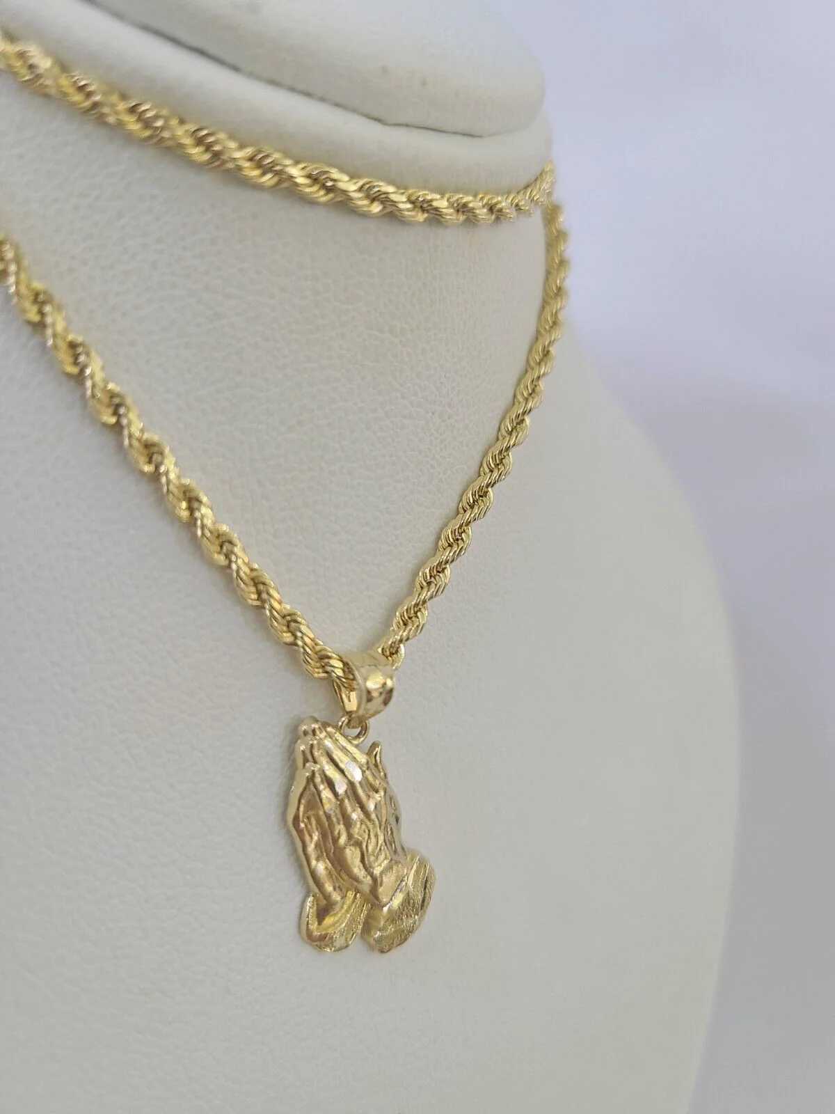 14k Rope Chain Praying Hands Charm Pendant Gold 2mm 18"-24inch SET Necklace - Image 2