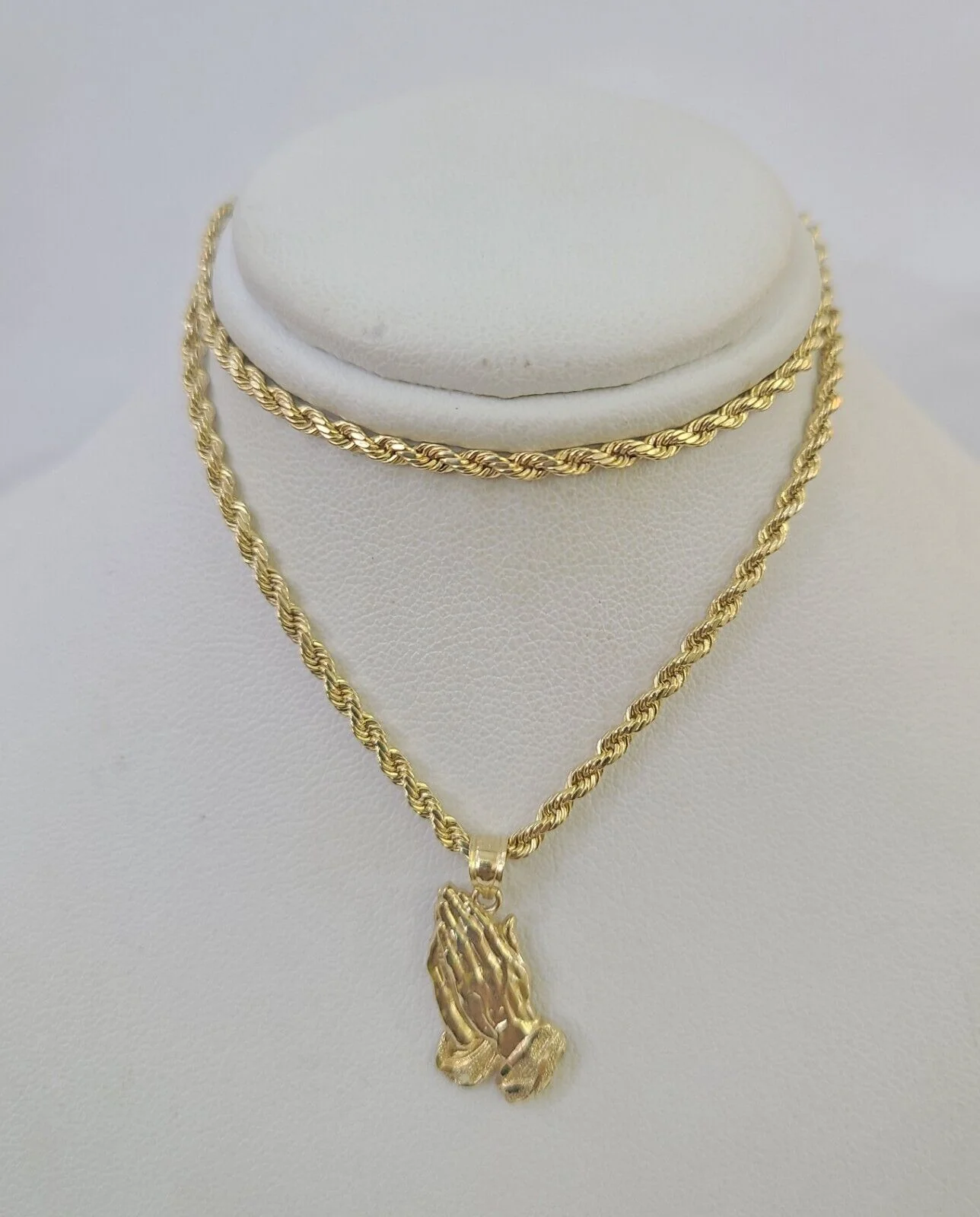 14k Rope Chain Praying Hands Charm Pendant Gold 2mm 18"-24inch SET Necklace - Image 4