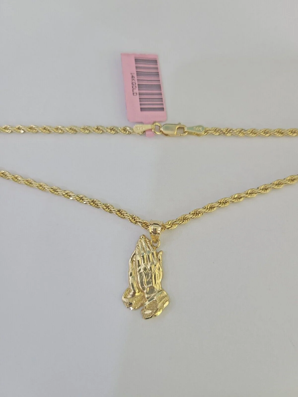 14k Rope Chain Praying Hands Charm Pendant Gold 2mm 18"-24inch SET Necklace - Image 6