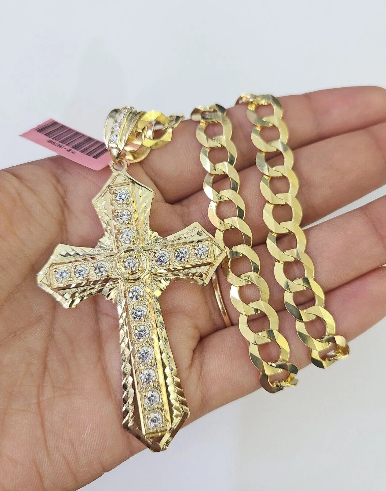 14k Solid Cuban Curb Link Chain Jesus Cross Charm Pendant 8mm 22inch YellowGold - Image 2