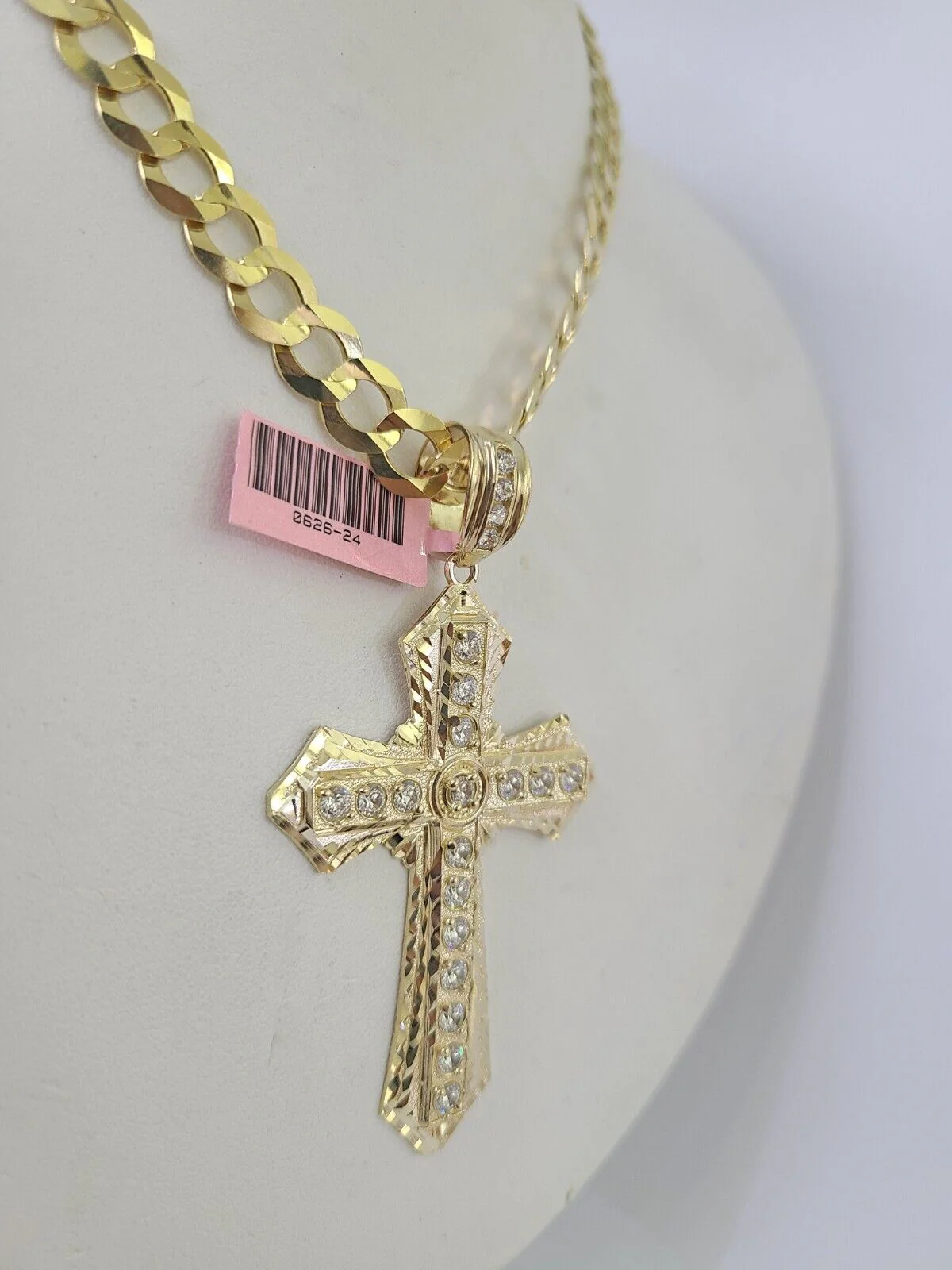 14k Solid Cuban Curb Link Chain Jesus Cross Charm Pendant 8mm 22inch YellowGold - Image 4