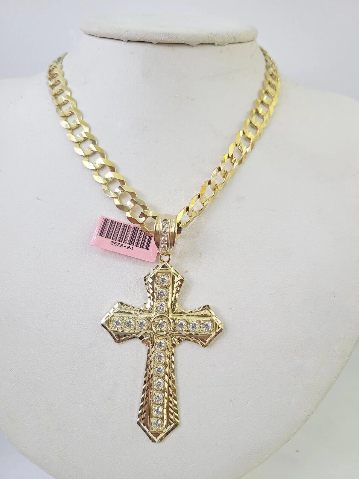 14k Solid Cuban Curb Link Chain Jesus Cross Charm Pendant 8mm 22inch YellowGold - Image 6
