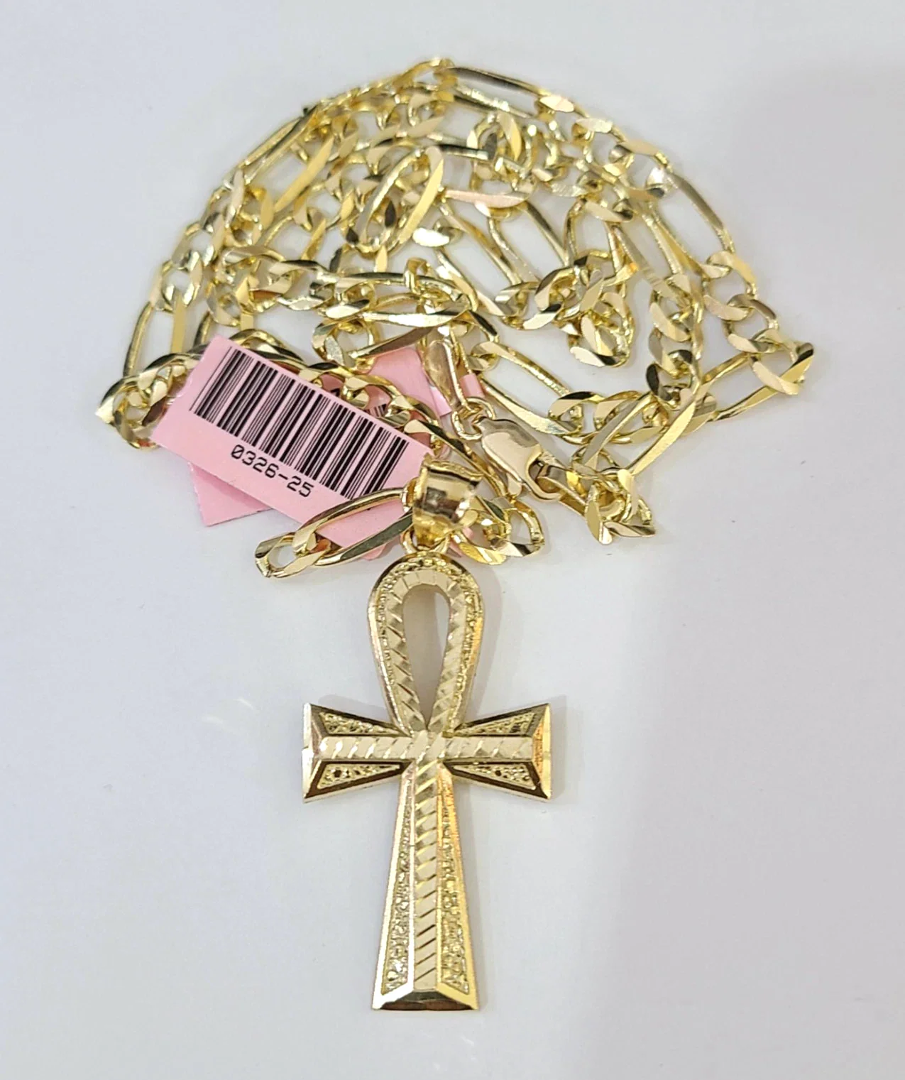 14k Solid Figaro Chain Ankh Jesus Cross Pendant Gold 4mm 18-28 inch SET Necklace - Image 3