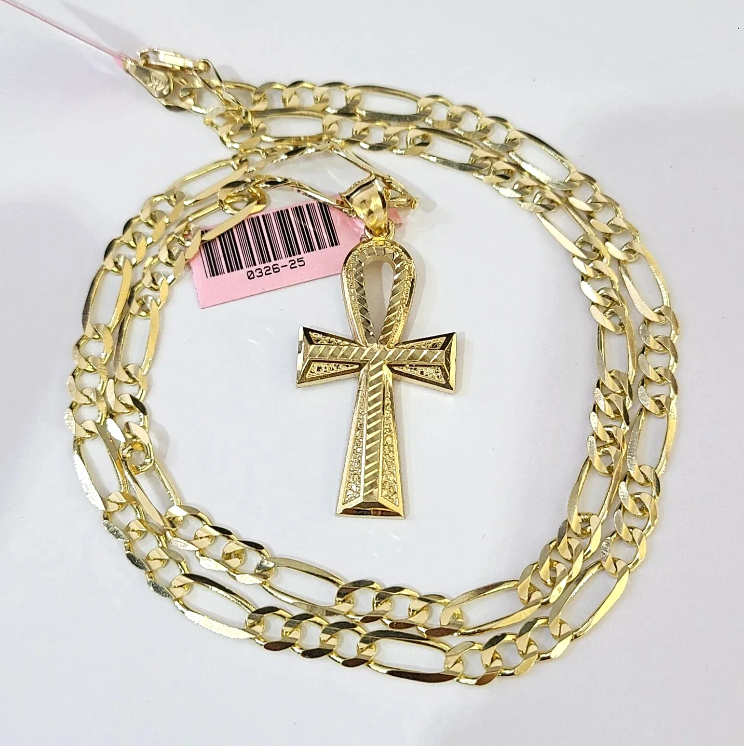 14k Solid Figaro Chain Ankh Jesus Cross Pendant Gold 5mm 18-28 inch SET Necklace - Image 2
