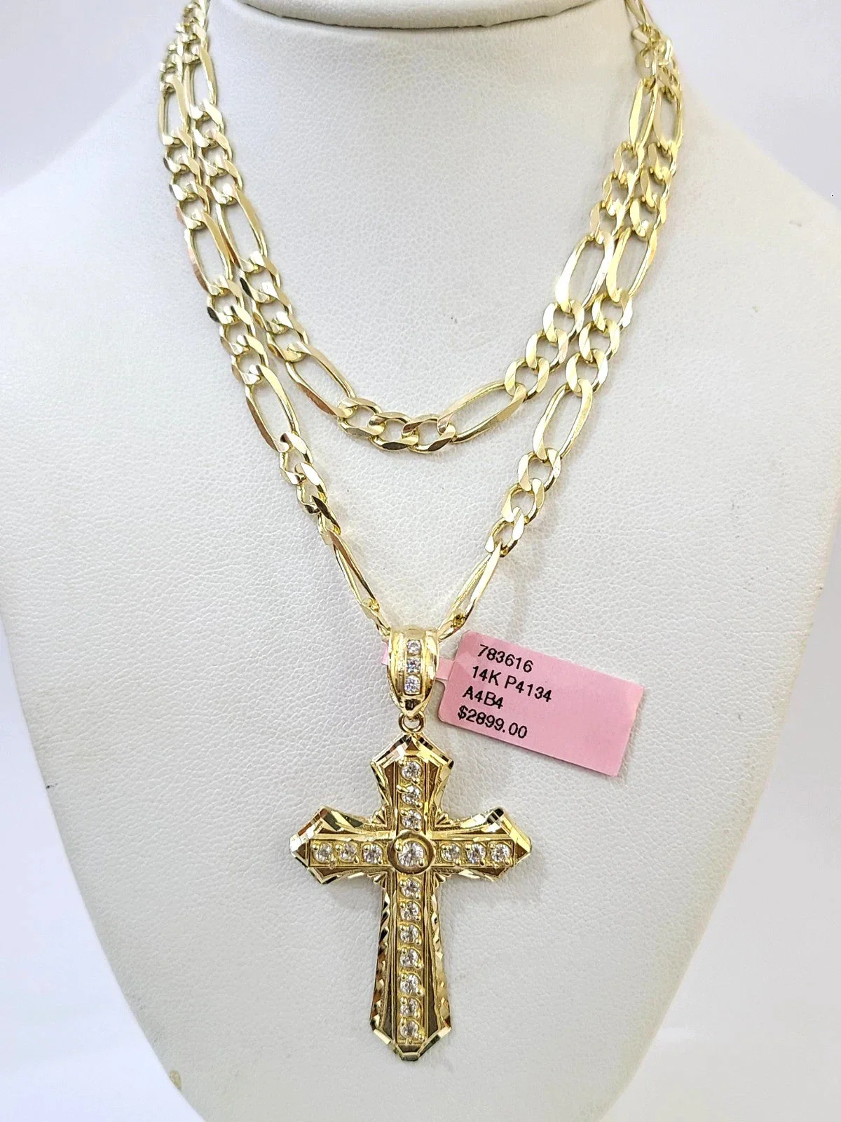 14k Solid Figaro Chain Jesus Cross Pendant Gold 4mm 18"-28" SET Necklace - Image 6
