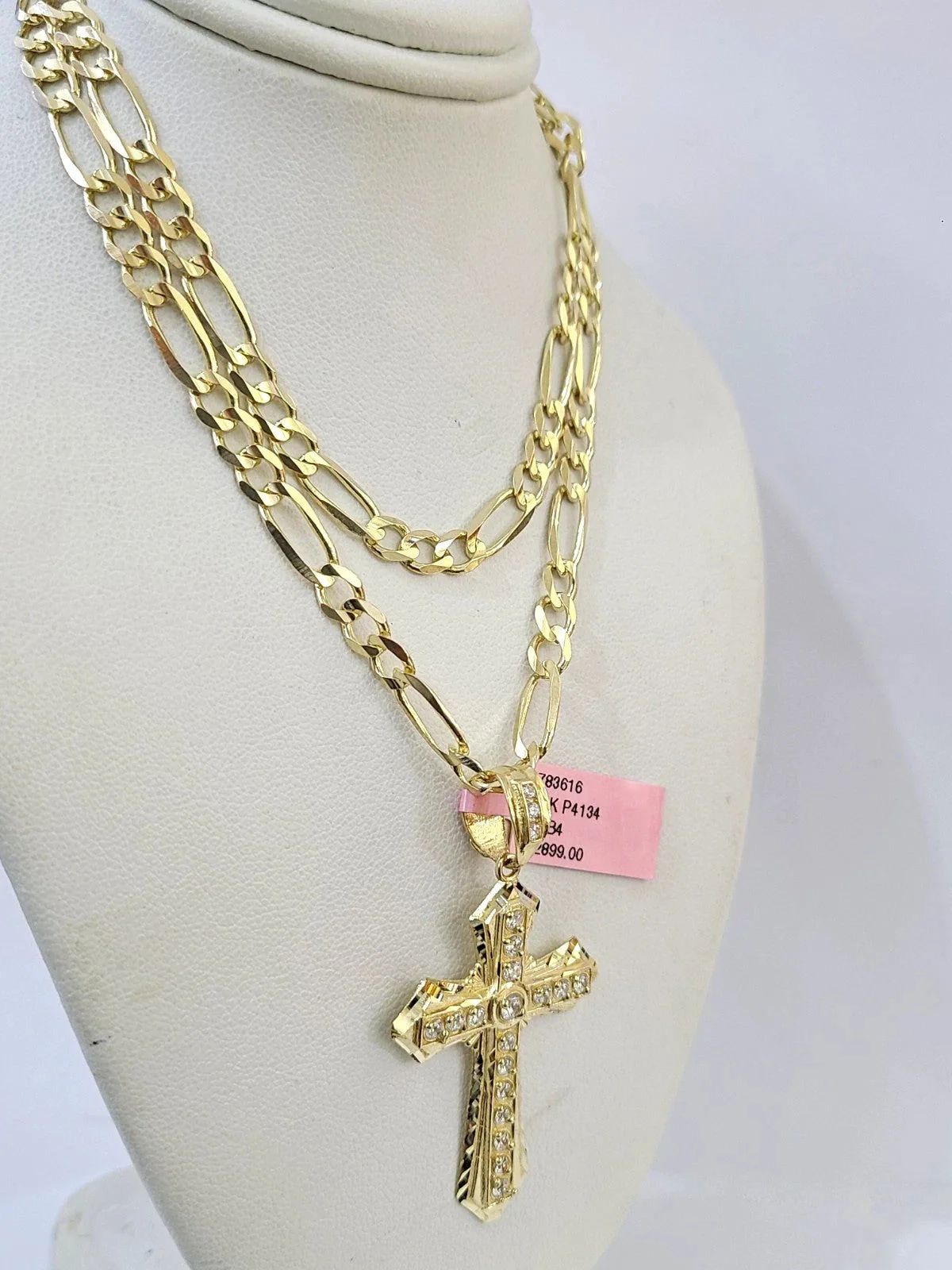 14k Solid Figaro Chain Jesus Cross Pendant Gold 5mm 18-28 inch SET Necklace - Image 2