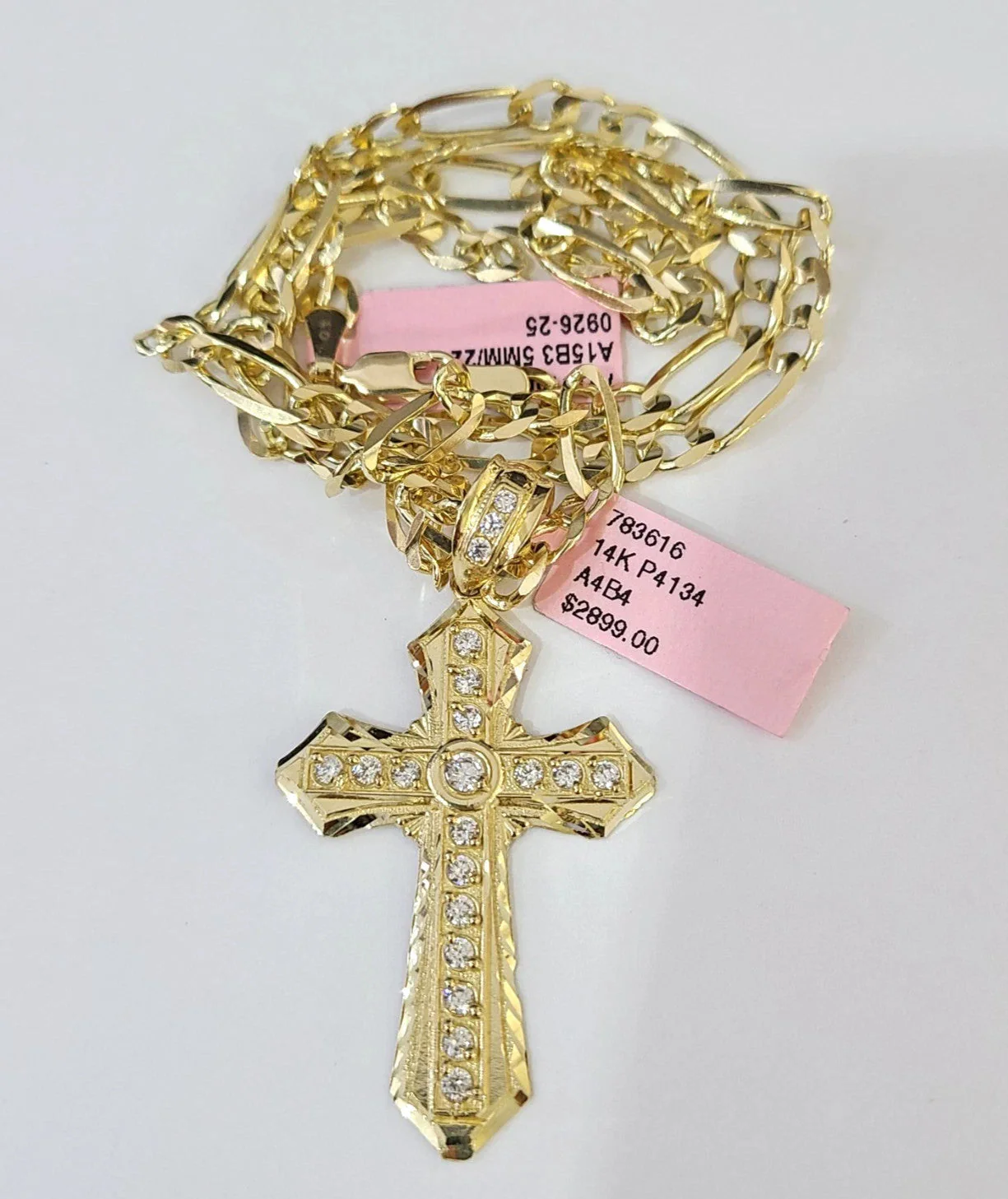 14k Solid Figaro Chain Jesus Cross Pendant Gold 5mm 18-28 inch SET Necklace - Image 4