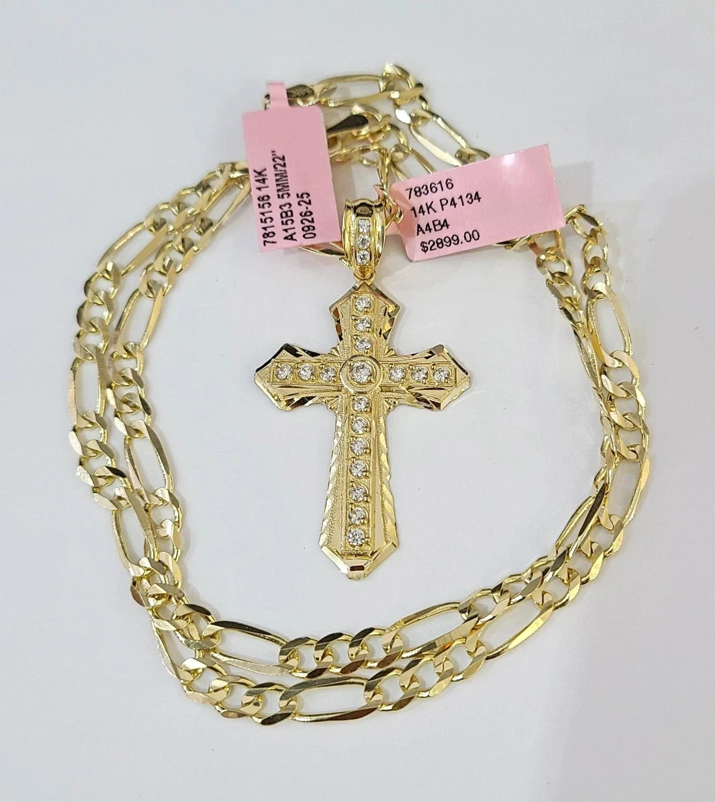 14k Solid Figaro Chain Jesus Cross Pendant Gold 5mm 18-28 inch SET Necklace - Image 5