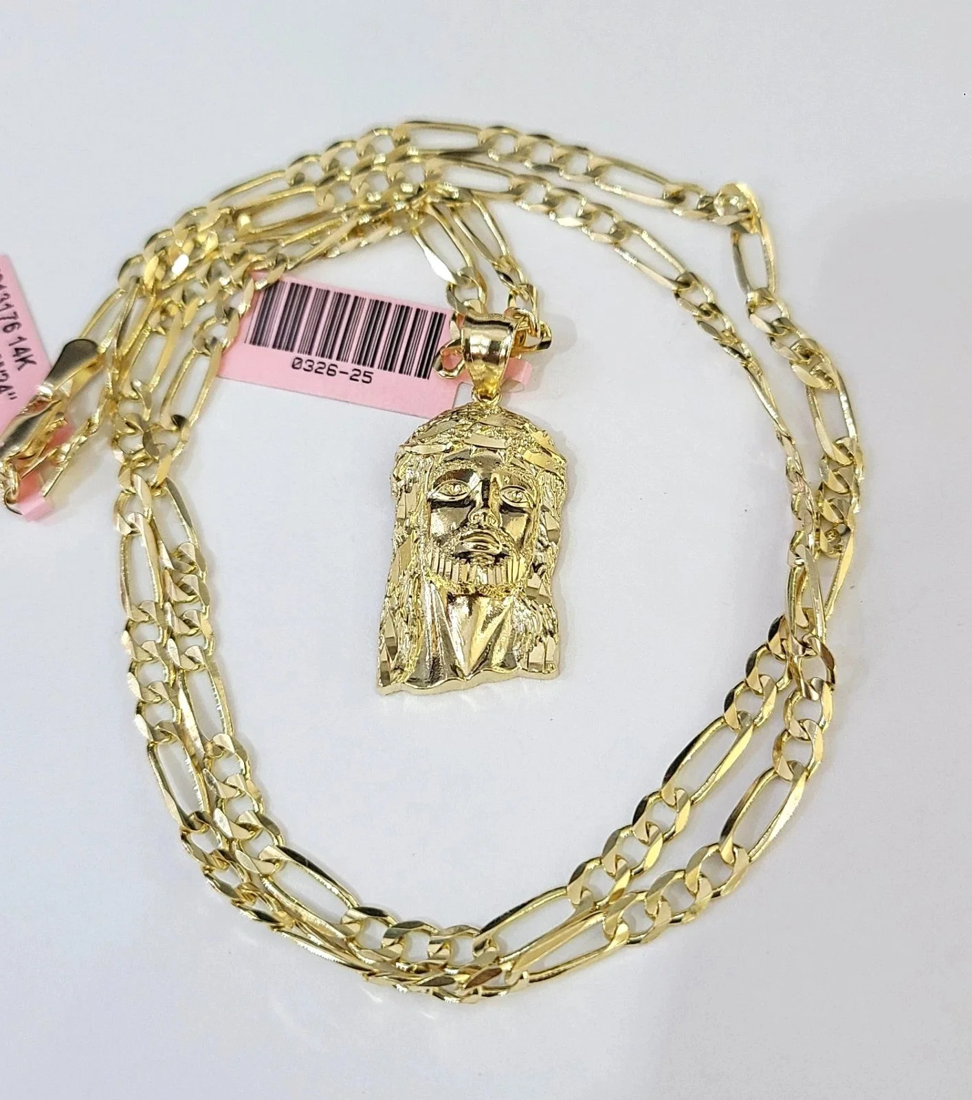 14k Solid Figaro Chain Jesus Head Pendant Gold 4mm 18-28 inch SET Necklace - Image 7