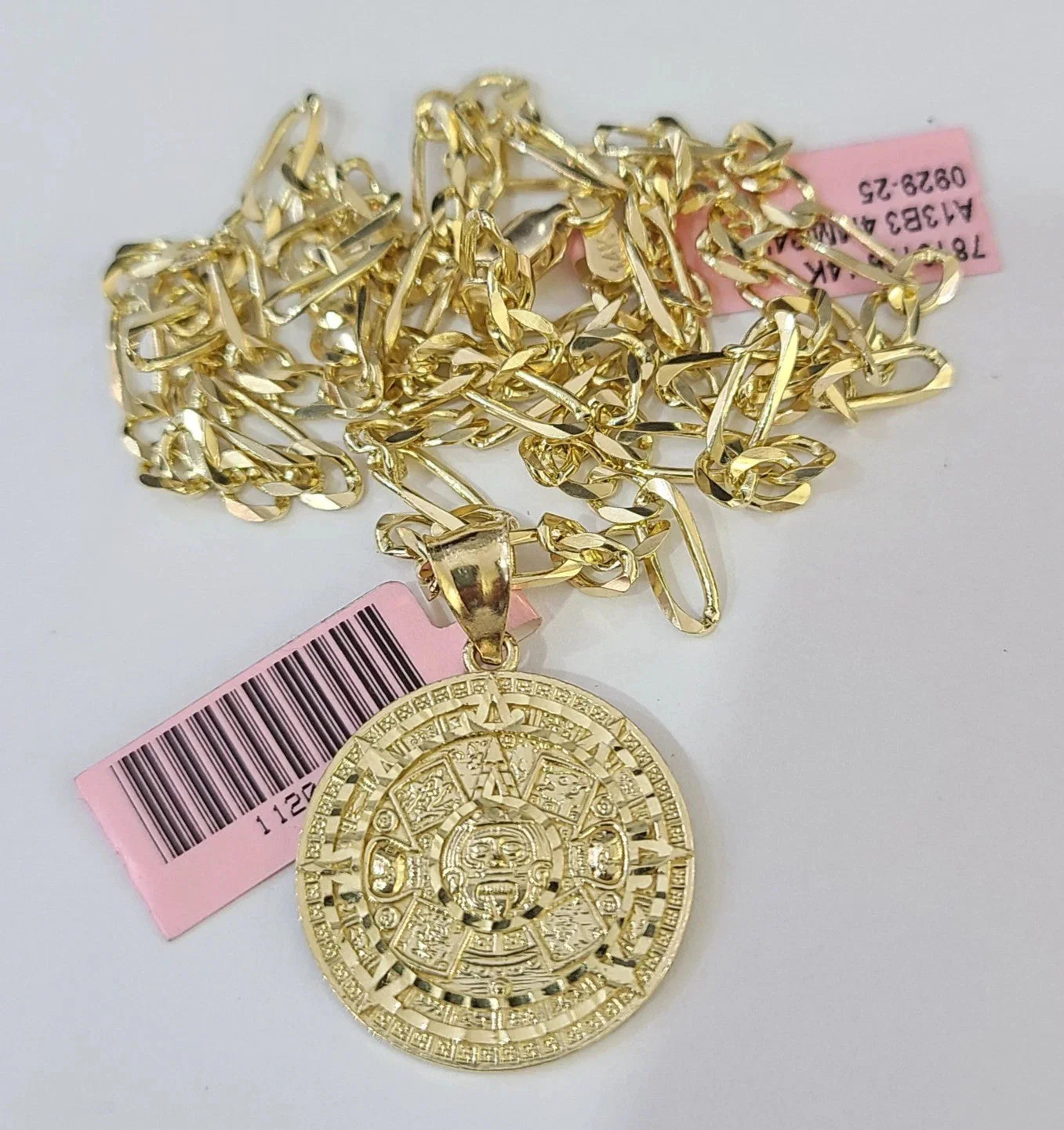 14k Solid Figaro Chain Mayan Calendar Pendant Gold 4mm 18-28 inch SET Necklace - Image 2