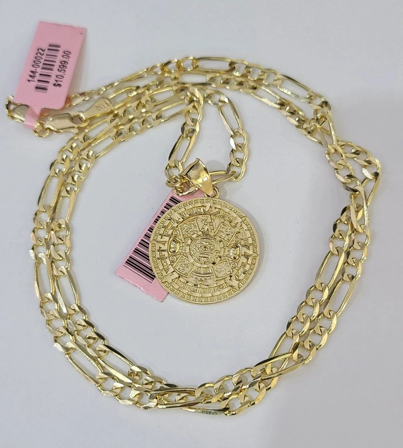 14k Solid Figaro Chain Mayan Calendar Pendant Gold 4mm 18-28 inch SET Necklace - Image 5