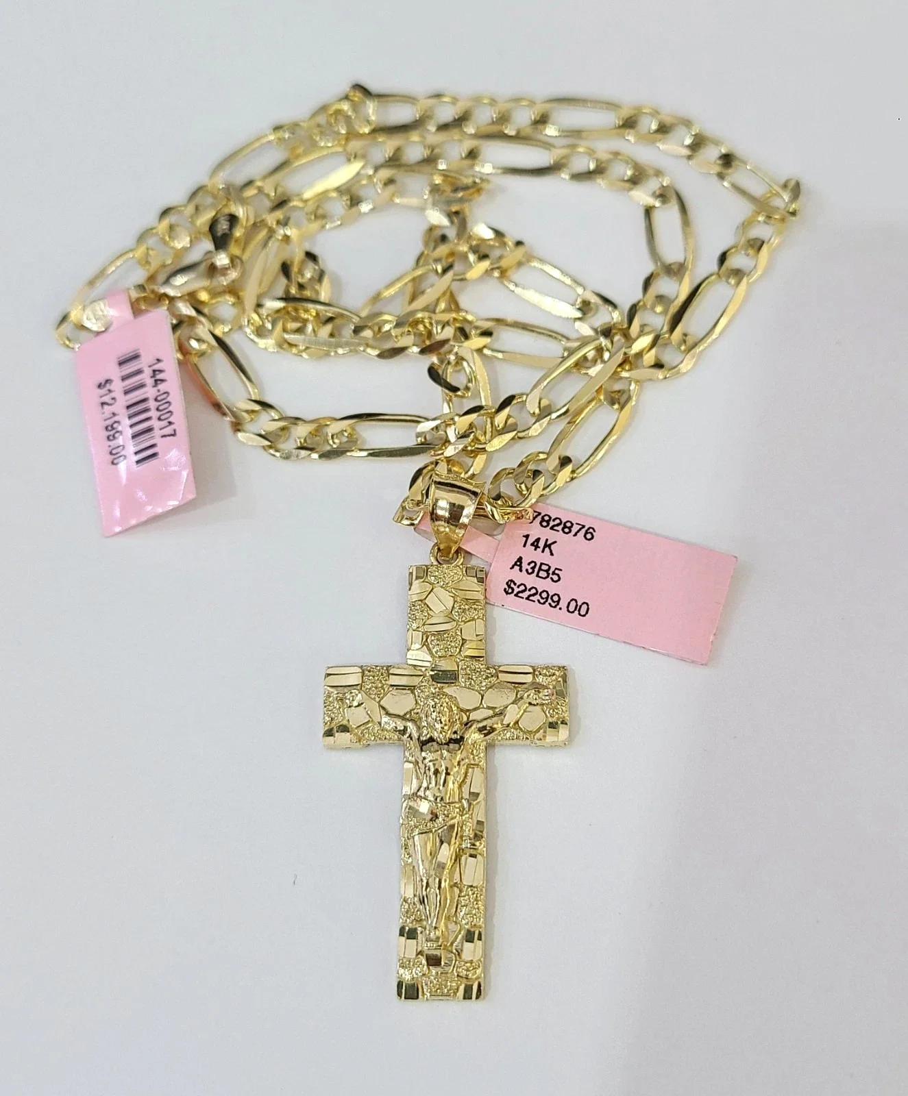 14k Solid Figaro Chain Nugget Cross Pendant Gold 5mm 18-28 inch SET Necklace - Image 4