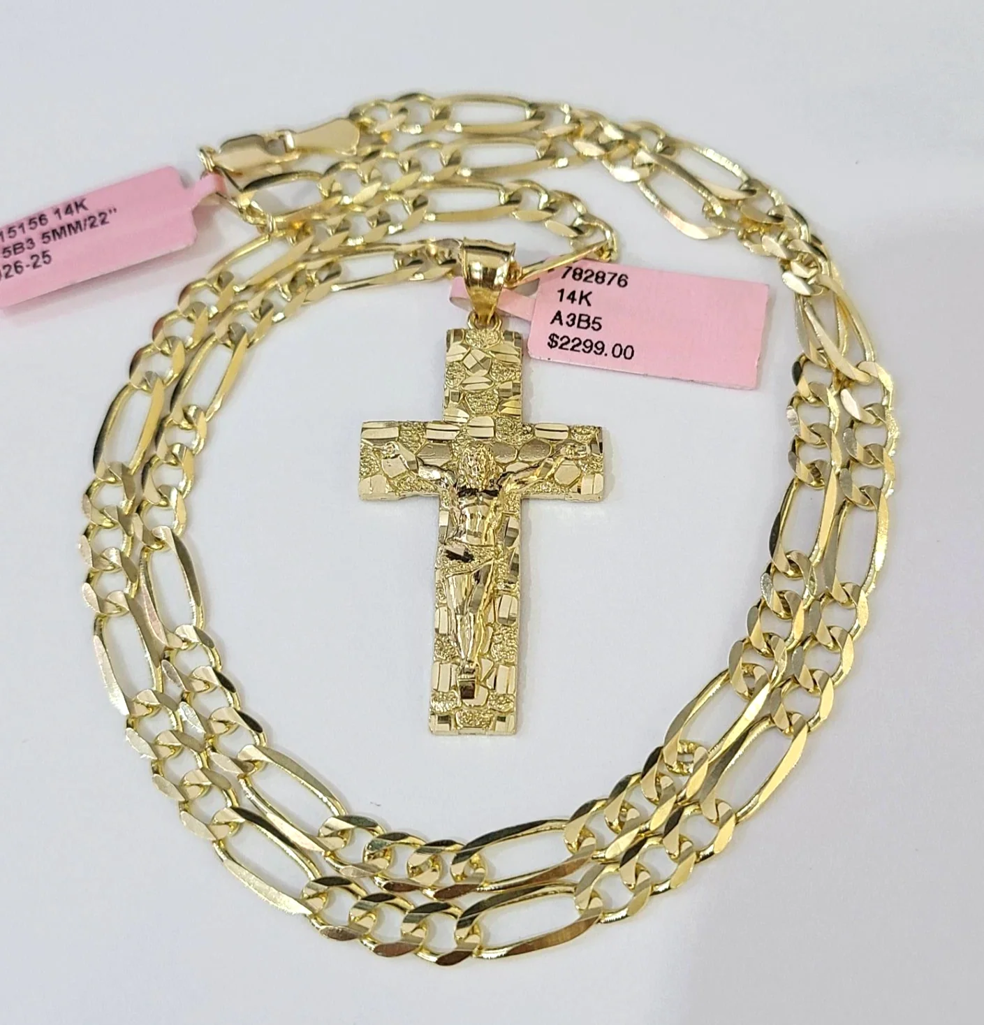 14k Solid Figaro Chain Nugget Jesus Cross Pendant Gold 4mm 18"-28" SET Necklace - Image 2